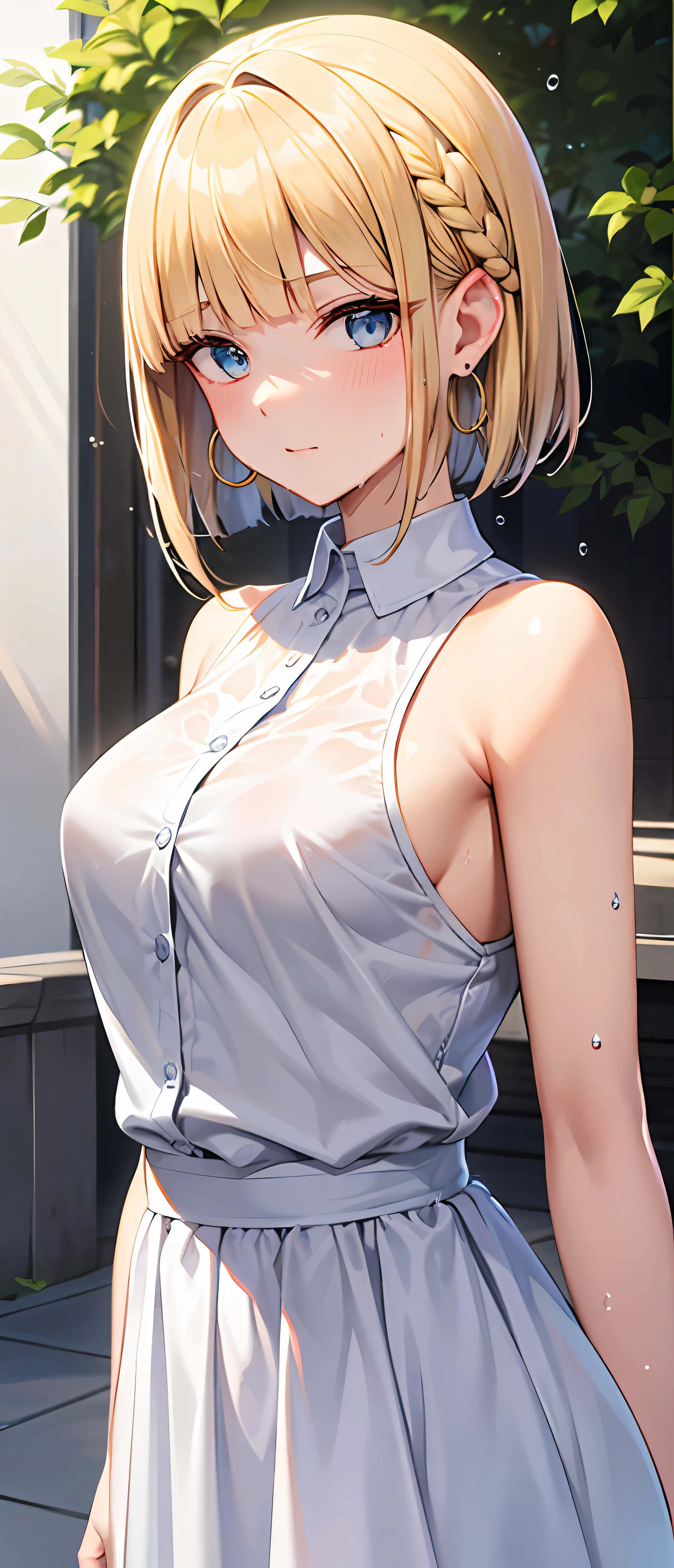 best quality,masterpiece,shiny blonde,blue eyes,white clothes, look down on, upper body,hair strand,Fair skin,short bob,wet through,french braid,blushing and red,blunt bangs,hoop earrings,gladient hair,left sideburn is longer than right one
