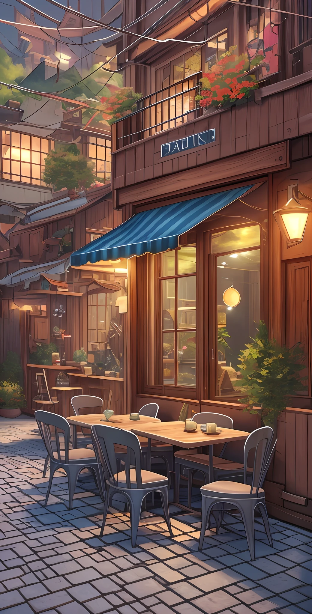 there is a patio with a table and chairs and a door, by senior environment artist, relaxing concept art, inspired by senior environment artist, beautiful 3 d concept art, environment art, 3 d stylize scene, cozy cafe background, anime scenery concept art, akihiko yoshida. unreal engine, anime background art, realistic 3 d style, highly detailed scene --auto --s2