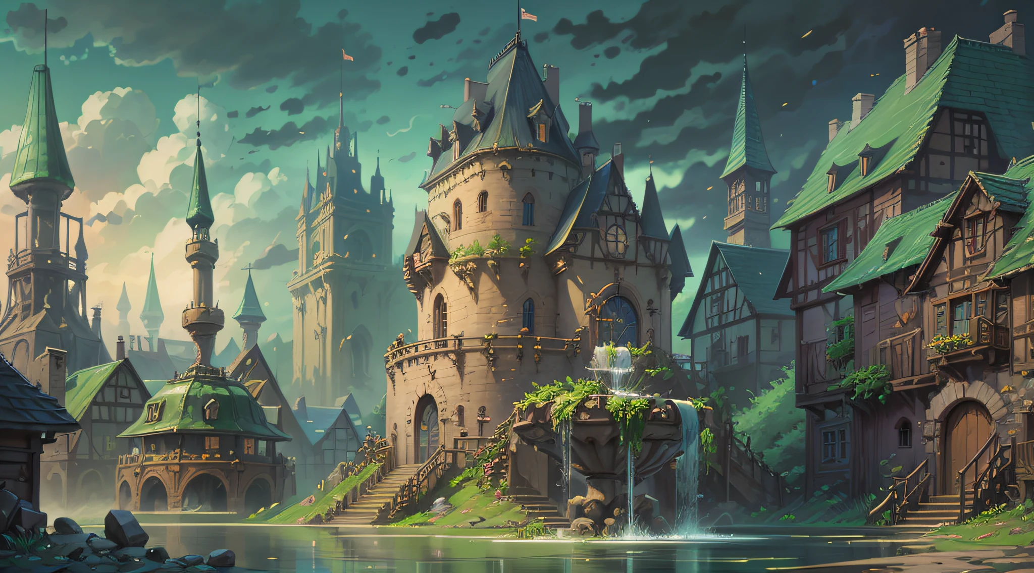 There is a clock with a castle and fountains, hearthstone concept art, inspired by Brian Despain, Blizzard Hearthstone concept art, magic laboratory setting, arte renderizada, Hearthstone card game artwork. ”, Stylized concept art, rendered illustration, Detailed fantasy illustration, fantasy book illustration, concept art illustration, fantasy concept art, Concept illustration