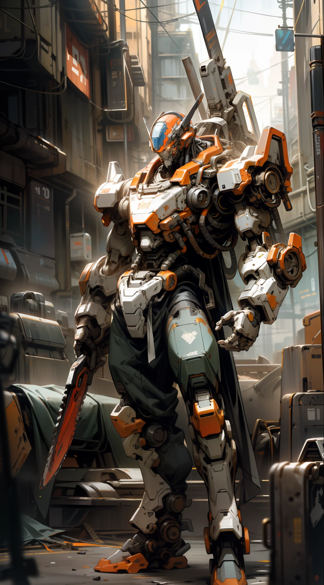 On the moon, barren planet, ruins, holding weapons, no humans, glowing, robot, building, glowing eyes, orange mech, science fiction, city, reality, mecha, galaxy background, full body, neon, cyber Punk, 8K wallpapers, ultra-detailed artwork, cinematic lighting, realistic photos, Dark_Fantasy, Cyberpunk, (chain saw, chain saw man, Red: 1.1), 1man, Mechanical marvel, Robotic presence, Cybernetic guardian, wearing a worn-out machine armor suit, intricate, (steel metal [rust]), elegant, sharp focus, photographed by greg rutkowski, soft lighting, vibrant colors, masterpiece, ((street)), cowboy shot, dynamic pose,