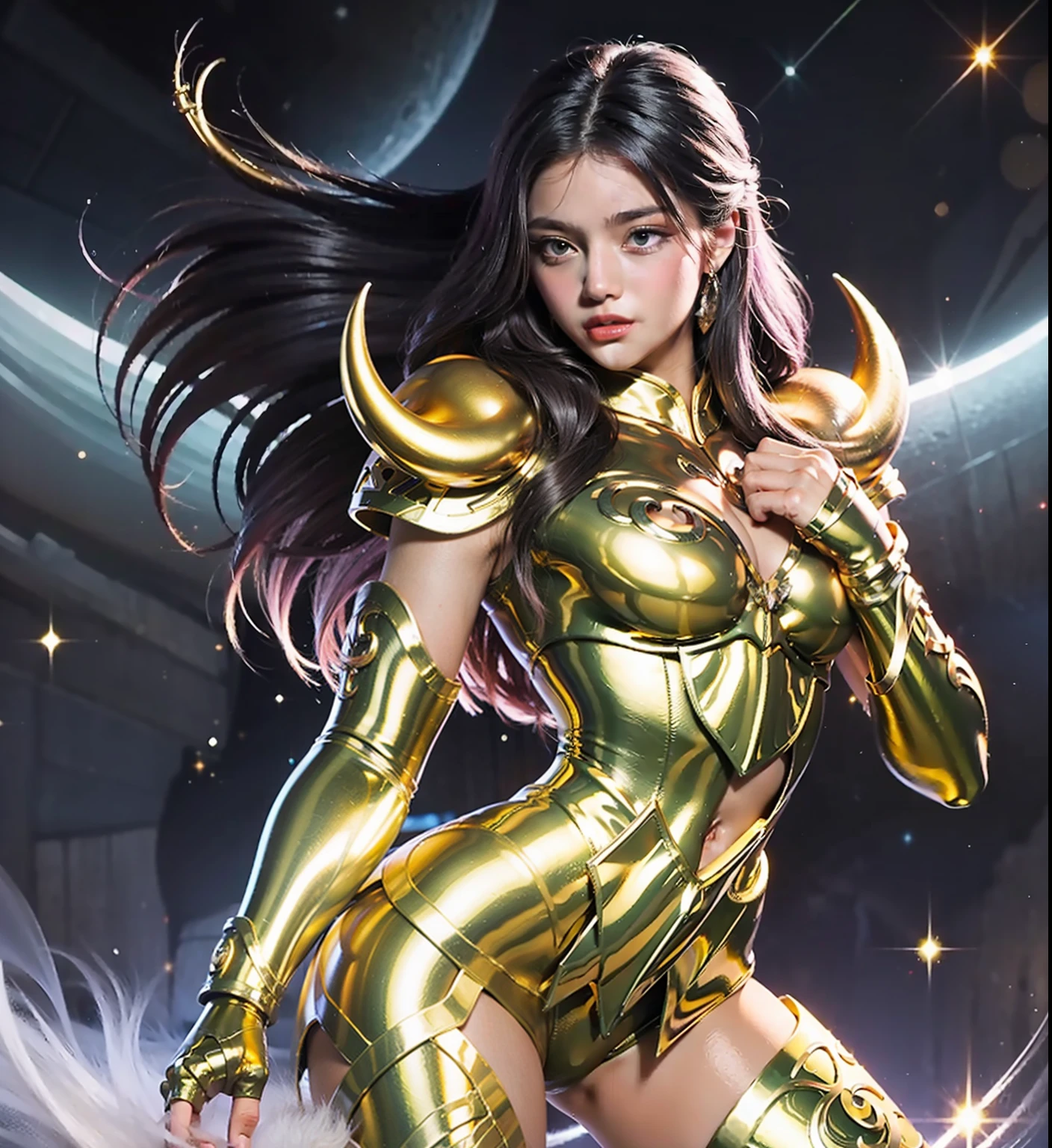 Ultra-high saturation（tmasterpiece）， fully body photo，（best qualtiy）， （1girll）， Wearing shiny gold armor， Sexy lingerie type armor，Expose your chest，Expose the waistline，Exposing thighs，cool-pose， Saint Seiya Armor， messy  hair，high detal, Anime style, Cinematic lighting, Sparkle, god light, Ray traching, filmgrain, hyper HD, textureskin, super detailing, Anatomical correct, A high resolution，Ultra-high saturation，hight contrast，High-gloss armor，Smooth skin，An insidious sneer，realisticlying，（tmasterpiece，top Quority，best qualtiy，offcial art，Beauty and aesthetics：1.2），The is very detailed，s fractal art，Extremely colorful，Purple hair，Hair luster，Half-squinted