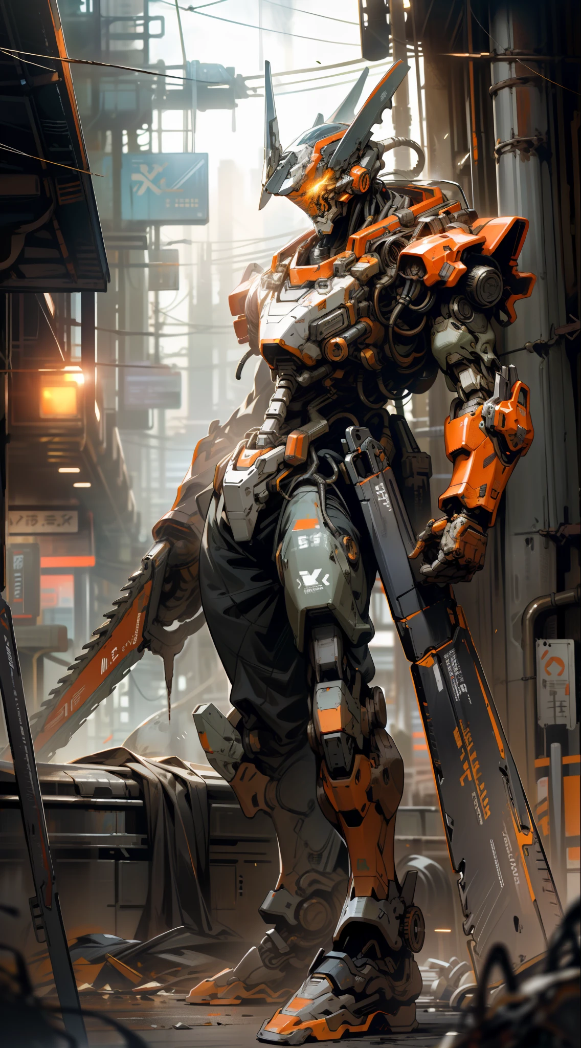 On the moon, barren planet, ruins, holding weapons, no humans, glowing, robot, building, glowing eyes, orange mech, science fiction, city, reality, mecha, galaxy background, full body, neon, cyber Punk, 8K wallpapers, ultra-detailed artwork, cinematic lighting, realistic photos, Dark_Fantasy, Cyberpunk, (chain saw, chain saw man, Red: 1.1), 1man, Mechanical marvel, Robotic presence, Cybernetic guardian, wearing a worn-out machine armor suit, intricate, (steel metal [rust]), elegant, sharp focus, photographed by greg rutkowski, soft lighting, vibrant colors, masterpiece, ((street)), cowboy shot, dynamic pose,