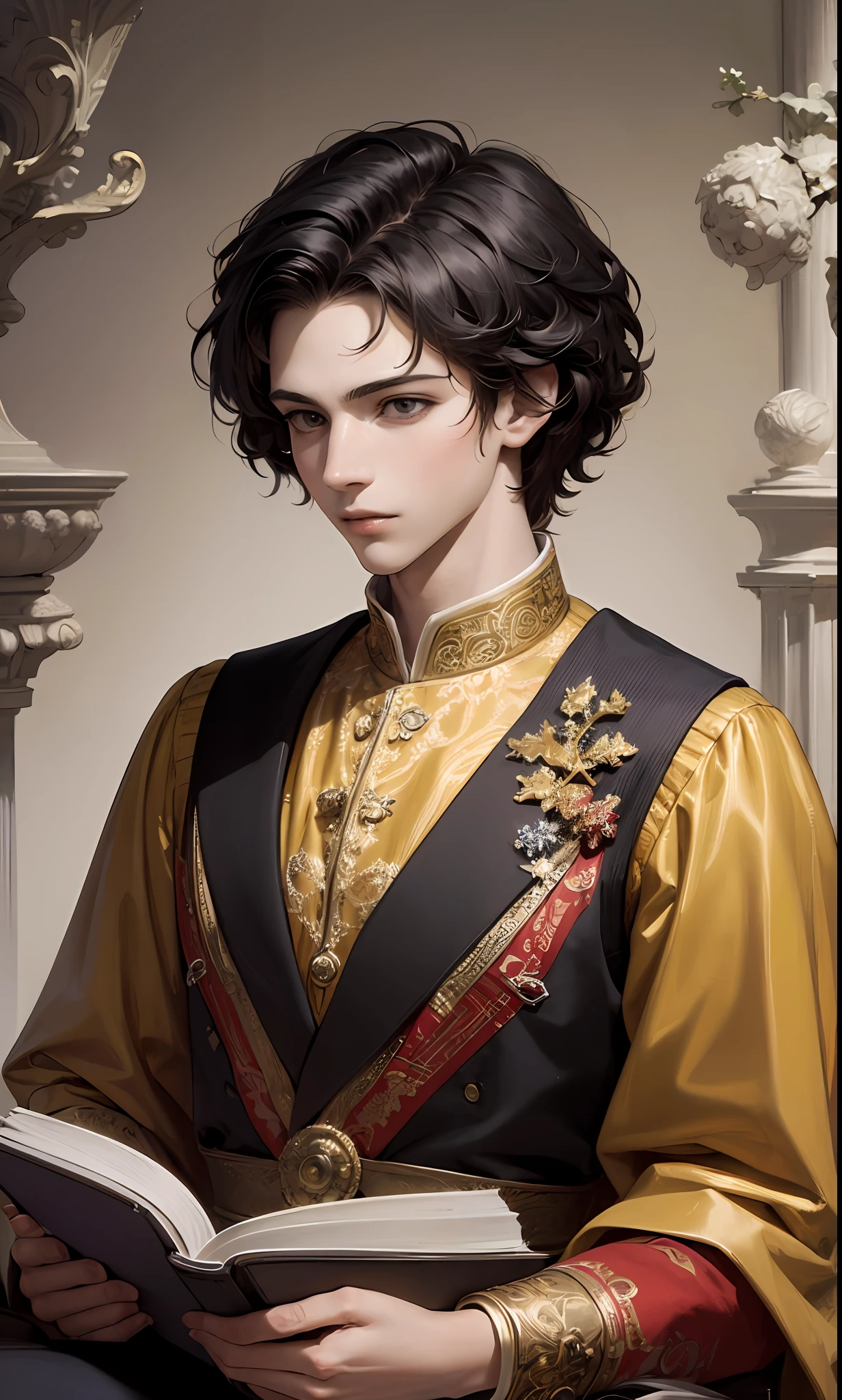 masterpiece, top quality, best quality, official art, beautiful and aesthetic:1.2), (1man), teen man, young man, man of 16, extreme detailed,(fractal art:1.3),colorful,highest detailed, black hair, short hair, black eyes, prince, thin, sitting, holding a book, big books flying around