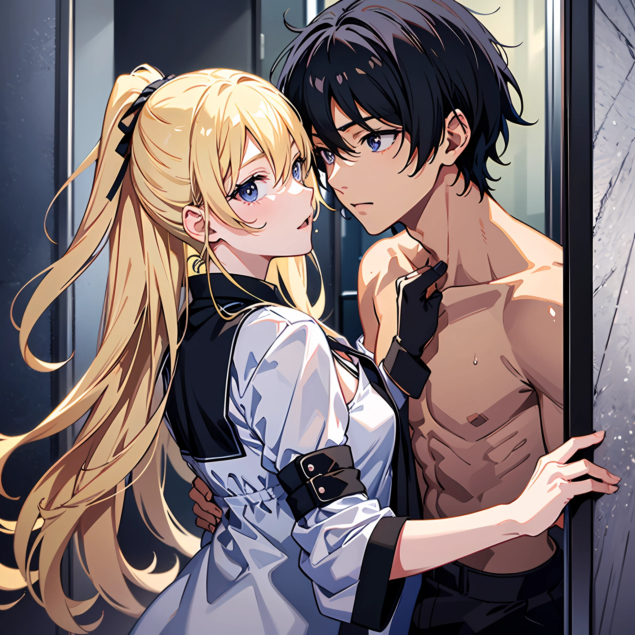 An anime boy with short black hair who has just taken a shower on his upper body holds a girl with long blonde hair,inspirado em Okumura Masanobu,Stand at the bathroom door,face to face,Ultra-detailed CG,exquisite facial features,Clear facial expressions,detailed digital anime art,digital anime art,High Quality Anime Art Style