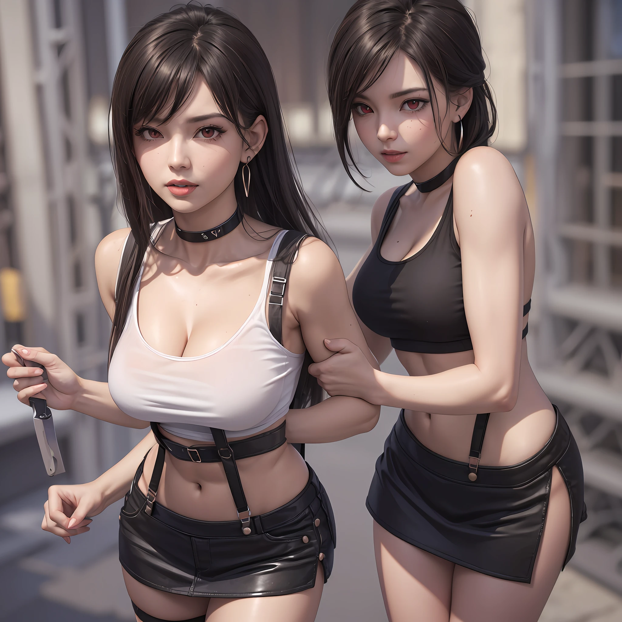 masterpiece, best quality,3d rending work ,3DMM style,close-up, 3D,1girl, solo, black hair, teardropshaped earrings, realistic, upper body, urban city background, bangs, long straight black hair, parted lips, choker, makeup, (white tank top:1.3), (red eyes:1.3) tifa lockhart, (perky breasts:1.5) cleavage, exposed stomach, toned abs, toned arms, (black miniskirt1.2) suspenders, stockings --auto