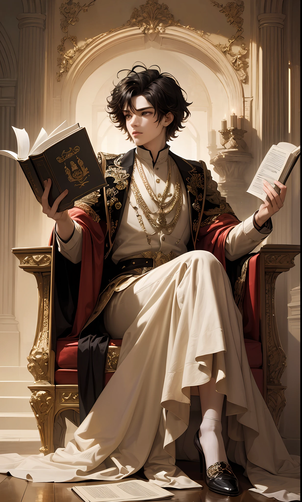 masterpiece, top quality, best quality, official art, beautiful and aesthetic:1.2), (1man), teen man, young man, man of 16, extreme detailed,(fractal art:1.3),colorful,highest detailed, black hair, short hair, black eyes, prince, thin, sitting, holding a book, big books flying around