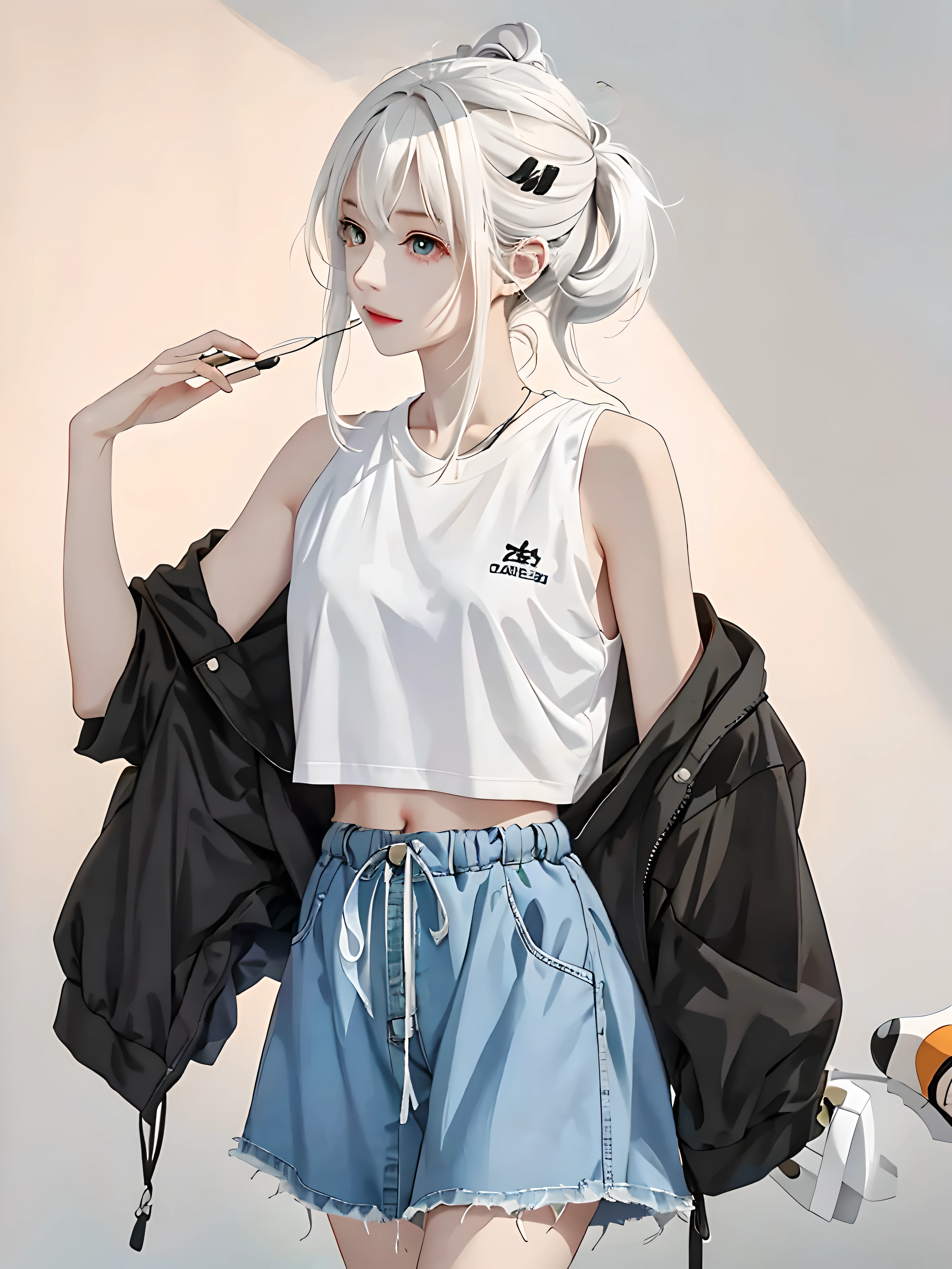 (Look at the lens: 1.4), (Striped hair: 1.4), (White skin: 1.4), style anime, anime inspiration, casual clothing, modern anime style, guvez style artwork, casual clothing, cgstation trend, cute casual streetwear, casual modern clothing, anime style, casual clothing style, anime setting style, anime style, realistic anime 3D style, anime style