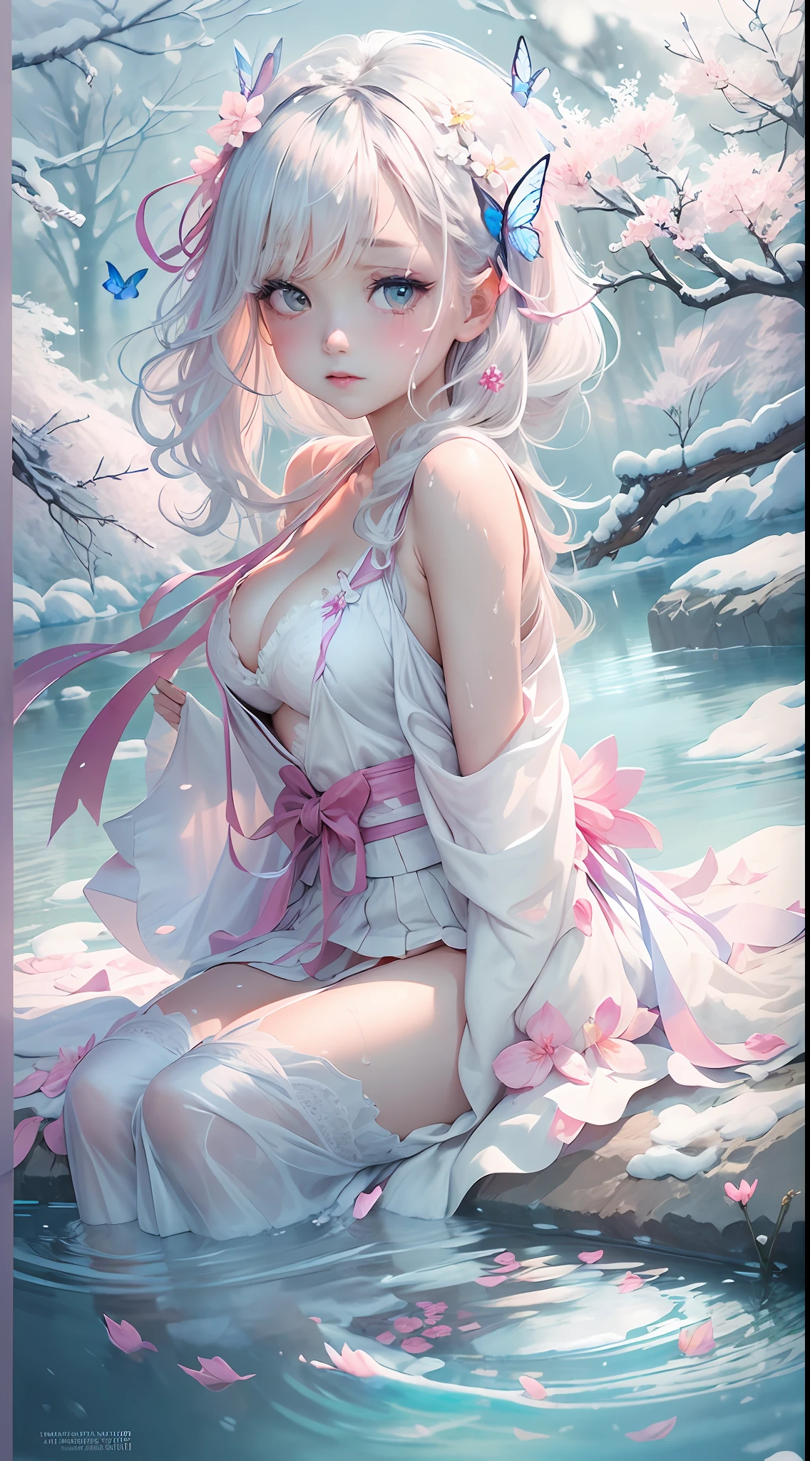 (nsfw:1.242),(best quality), (masterpiece), incredibly_absurdres, highly detailed, refined rendering, illustration, (highres), original,floating,close up,ink and wash painting,flat shading,(from below:1.11),(looking at viewer:1.43)
(one girl:1.43),(mature girls:1.45),(w-sitting in water:1.5) ,soaking feet,feet below water,bare legs,(long long white hair:1.44),(hair over one eye:1.1),(gradient hair:1.21),(arms behind back),(ends of the hair turn blue:1.06),blue eyes,(blush:1.1),wedding dress,butterfly,butterfly hair ornament, (gradient hair:1.1),(hidden hands:1.32),bare shoulders,(tying hair:1.4),floating ribbon, (puffy sleeves:1.4),(thigh gap:1.2),(no panties:1.2),(cleavage:1.34),(torn white skirt:1.4),(thigh wrapped ribbon:1.4)
(peach blossom),(cherry blossom:1.43), flowers, (flower) tree, (petals on water:1.2), floating Petals,onsen,winter, (snow-covered landscape:1.4), (fairyland,flowers, nature),(sunlight:1.2), (mist:1.2),(snowing,steam),