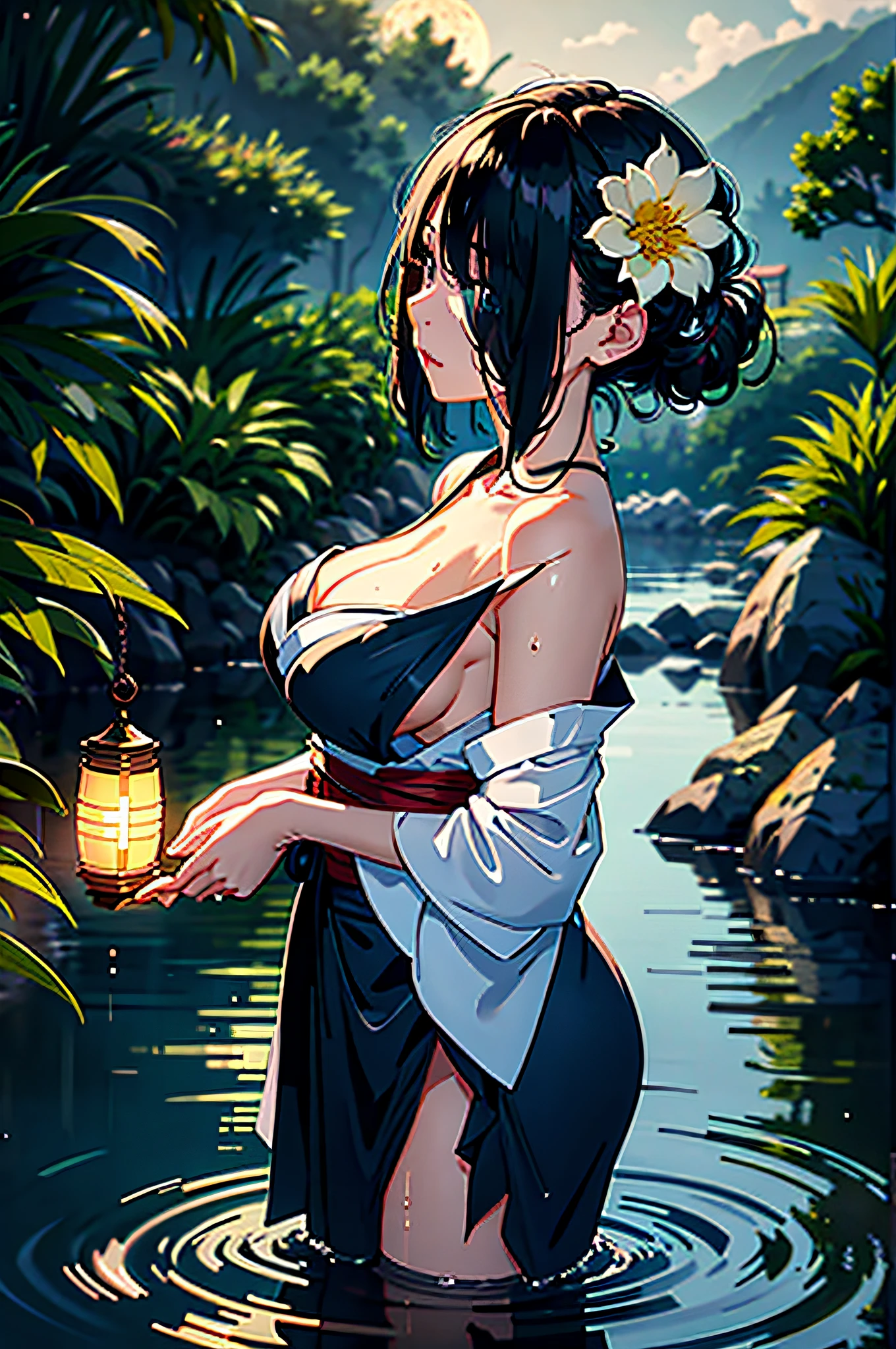 1girl, breasts, moon, lantern, night, solo, large breasts, hair ornament, wet, kimono, japanese clothes, wading, water, hair flower, flower, outdoors, sky, full moon, rain, black hair, off shoulder, mountain, cloud, holding, sash, bare shoulders, paper lantern, standing, white kimono, night sky, sideboob, obi, wet clothes, bangs, tree, from side, reflection, short hair, cloudy sky, wet hair (((masterpiece),(extremely detailed CG unity 8k wallpaper),best quality,,solo,1girl,cinematic lighting,detailed background,beautiful detailed eyes,bright pupils, (an extremely delicate and beautiful),(Beautiful and detailed eye description)， ultra-detailed,masterpiece,)),