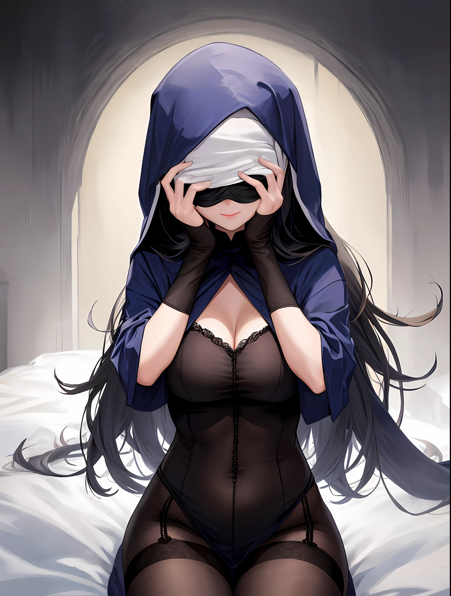 A woman covers her face and eyes with stockings,Stockings on the head, Stockings covered her eyes, Stockings covered her head and face,No eyes,Put your hands beside you