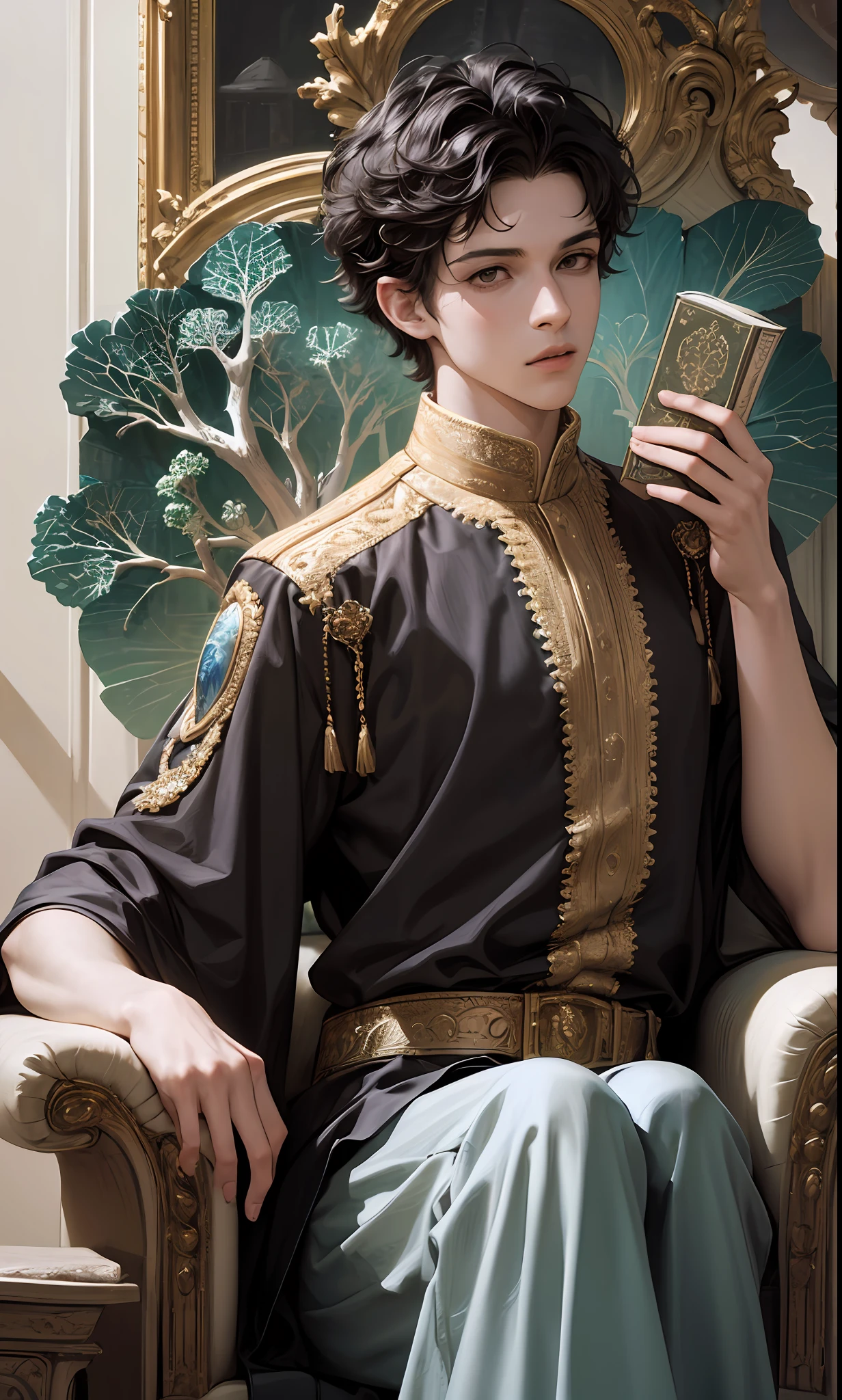 masterpiece, top quality, best quality, official art, beautiful and aesthetic:1.2), (1man), teen man, young man, man of 16, extreme detailed,(fractal art:1.3),colorful,highest detailed, black hair, short hair, black eyes, prince, thin, sitting, holding a book, big books flying around