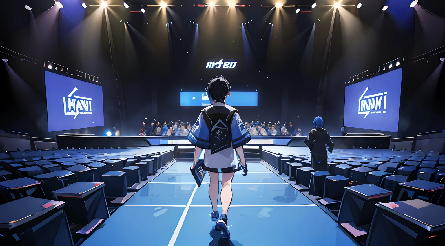 Esports competitions，On the stage，Five people，Four people with black hair，A blue-haired teenager，The blue-haired boy walked away first，Four brunette heads bowed and followed