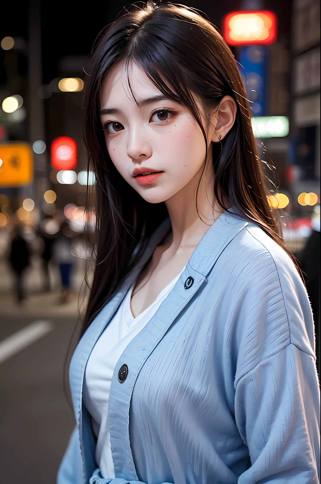 1girl, Tokyo street,night, cityscape,city lights, upper body,close-up, 8k, RAW photo, best quality, masterpiece,realistic, photo-realistic,