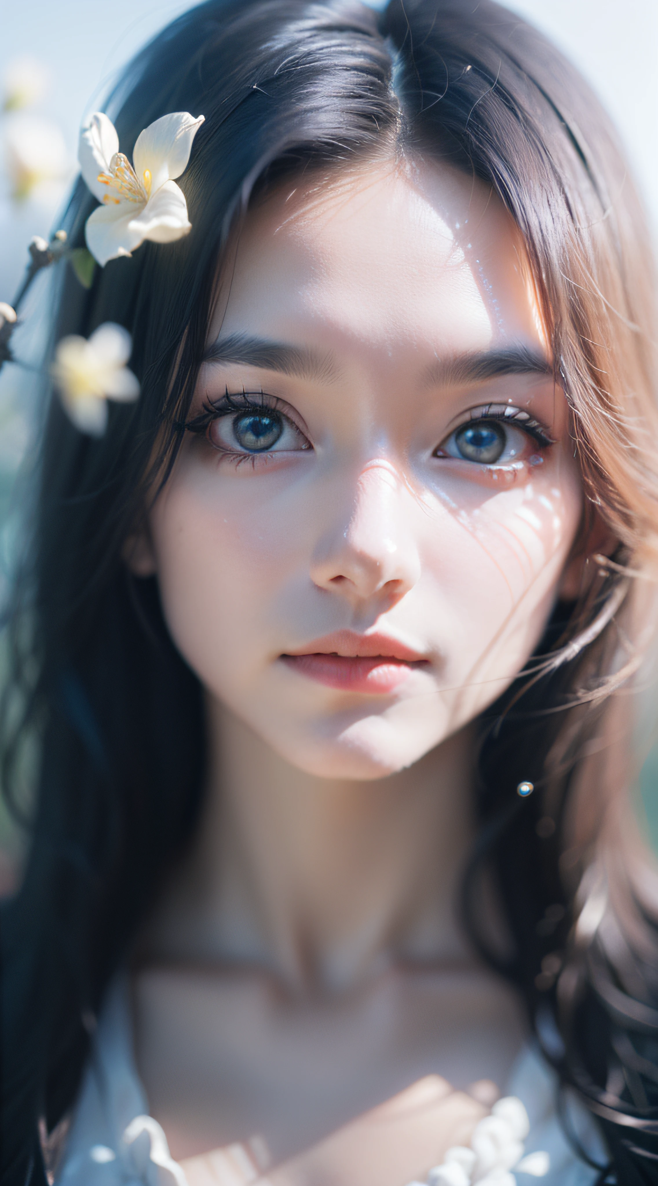 tmasterpiece,HighestQuali,A high resolution,Photorealistic and realistic,figure portrait,Realiy,1 girl,long whitr hair,blue color eyes,White skin of the,cinematic perspective,shift dresses,depth of fields,blossoms,