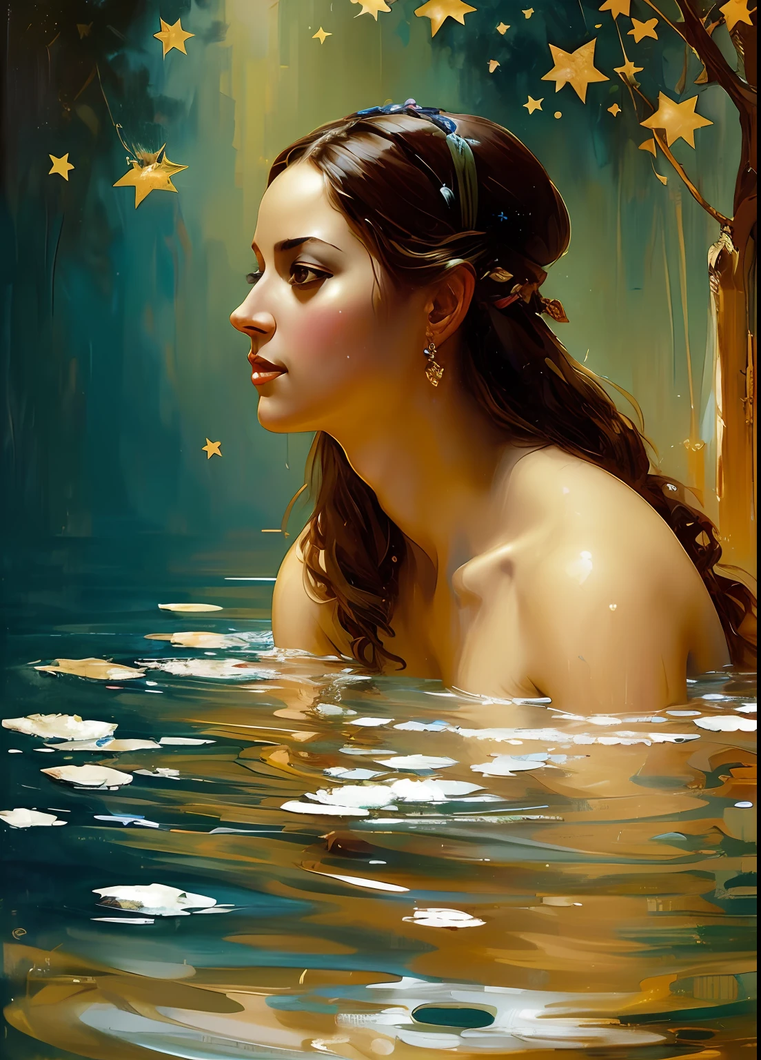 master part, best quality, Greek godess bathing in a lake below a night sky full of stars, appearing from paint to colored liquid oil, swirling ink, Cinematic lighting, Directed by: Karol Bak, Pose de corpo inteiro, ÂngelaBaby, ((pintura, lona, belas artes)), circunstanciado, (Arte de Fantasia), Fresco, ((Arte Digital)), (digital illustation), 4k, trending on ArtStation, trending in cgsociety, cinemactic, Agfacolor, low coloration, Norman Rockwell, Franz Xaver Winterhalter, Jeremy Mann, Artgerm, Ilya Kuvshinov, Anjos Cecile, Michael Garmash