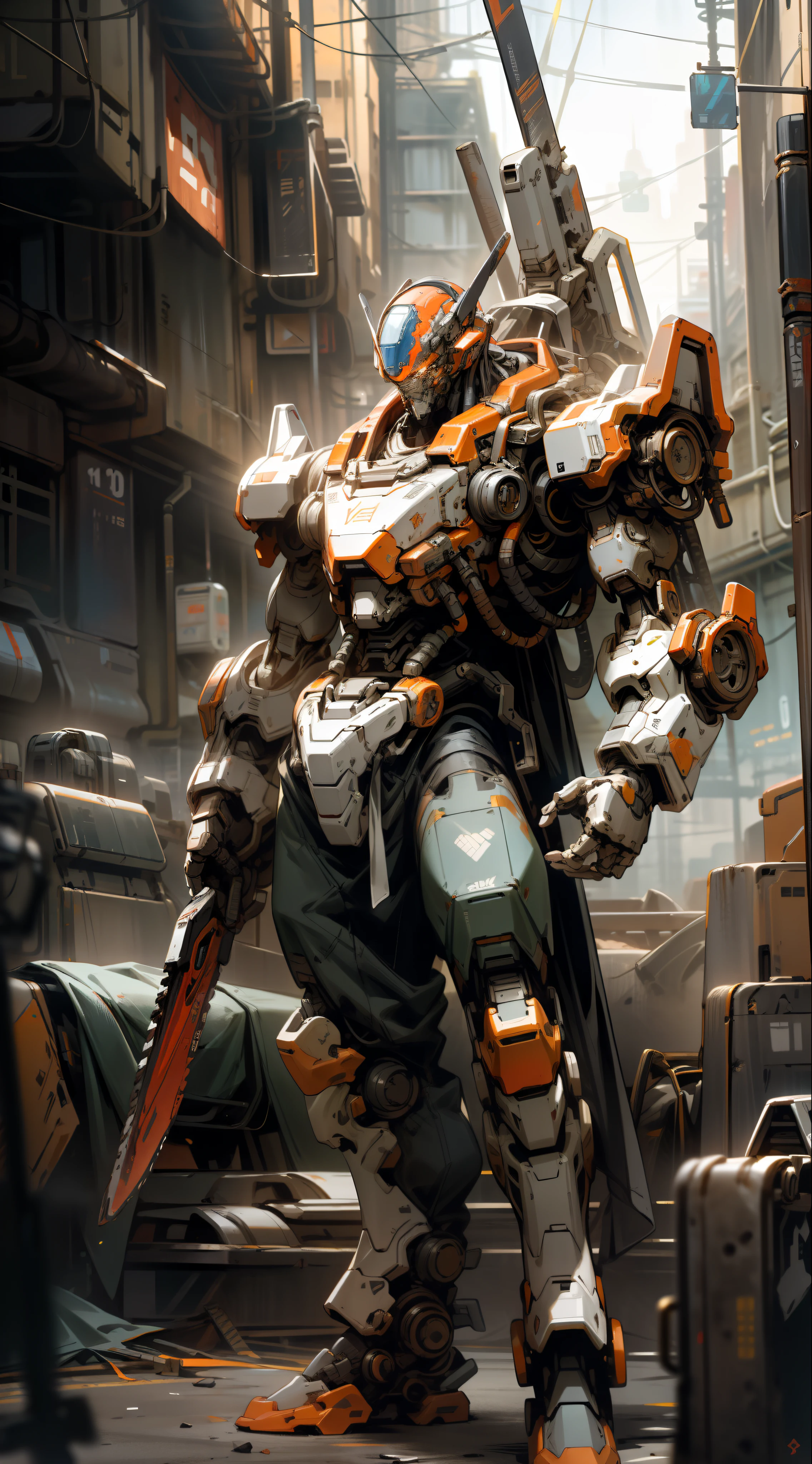 On the moon, barren planet, ruins, holding weapons, no humans, glowing, robot, building, glowing eyes, orange mech, science fiction, city, reality, mecha, galaxy background, full body, neon, cyber Punk, 8K wallpapers, ultra-detailed artwork, cinematic lighting, realistic photos, Dark_Fantasy, Cyberpunk, (chain saw, chain saw man, Red: 1.1), 1man, Mechanical marvel, Robotic presence, Cybernetic guardian, wearing a worn-out machine armor suit, intricate, (steel metal [rust]), elegant, sharp focus, photographed by greg rutkowski, soft lighting, vibrant colors, masterpiece, ((street)), cowboy shot, dynamic pose,