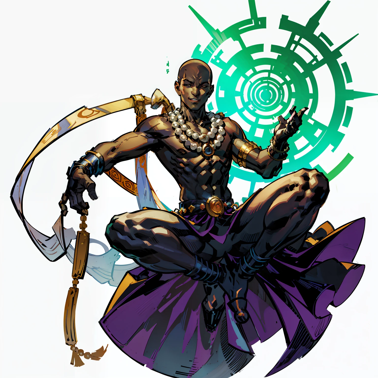 monk, Silver, Seductive smile, Male, Full body shot, Smiling with eyes closed, scars all over the body, muscular, Wearing a large beaded necklace around her neck, skin head, No background, White background, black skin color