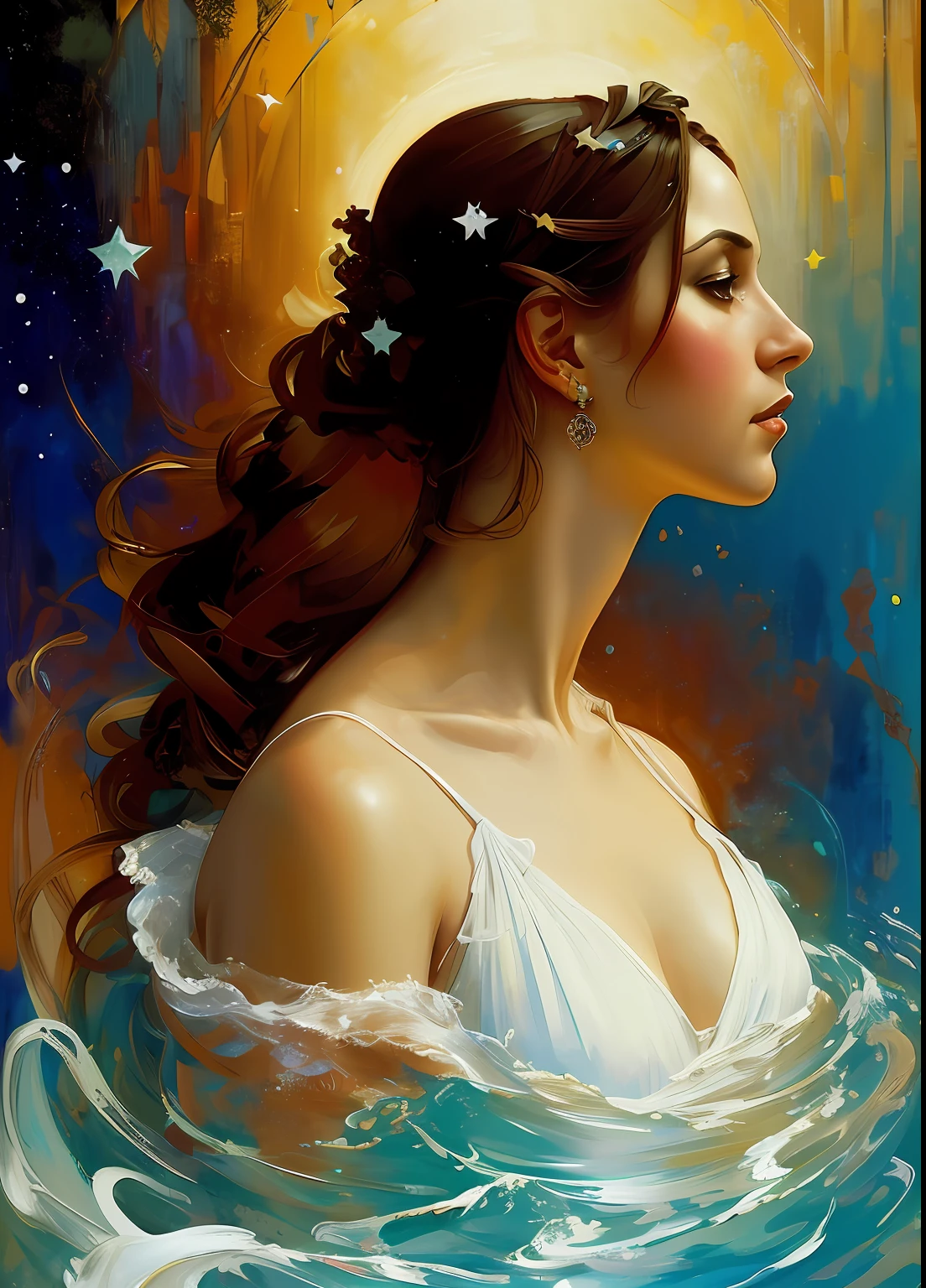 master part, best quality, Greek godess bathing in a lake below a night sky full of stars, appearing from paint to colored liquid oil, swirling ink, Cinematic lighting, Directed by: Karol Bak, Pose de corpo inteiro, ÂngelaBaby, ((pintura, lona, belas artes)), circunstanciado, (Arte de Fantasia), Fresco, ((Arte Digital)), (digital illustation), 4k, trending on ArtStation, trending in cgsociety, cinemactic, Agfacolor, low coloration, Norman Rockwell, Franz Xaver Winterhalter, Jeremy Mann, Artgerm, Ilya Kuvshinov, Anjos Cecile, Michael Garmash