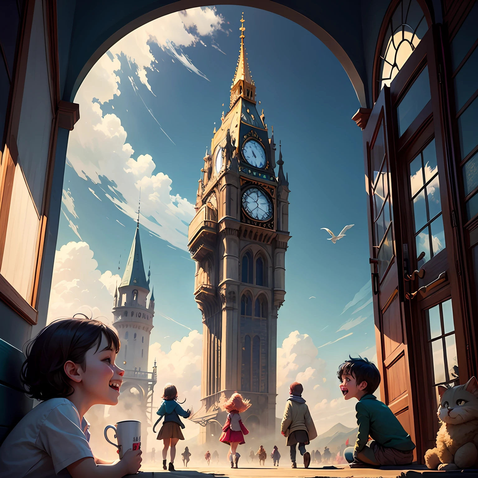 "Create images for a children's book of A Magical Adventure! Draw an enchanting scene with five smiling children exploring a world of vibrant and magical colors. Include fun elements like fantastic beasts and imaginary landscapes that depict different emotions, quero que os personagens sejam baseados nesse estilo e foto https://image2.cdn.seaart.ai/2023-07-20/46949709627461/4187b26e605c08b31f634814800c486304d27799.png" --auto