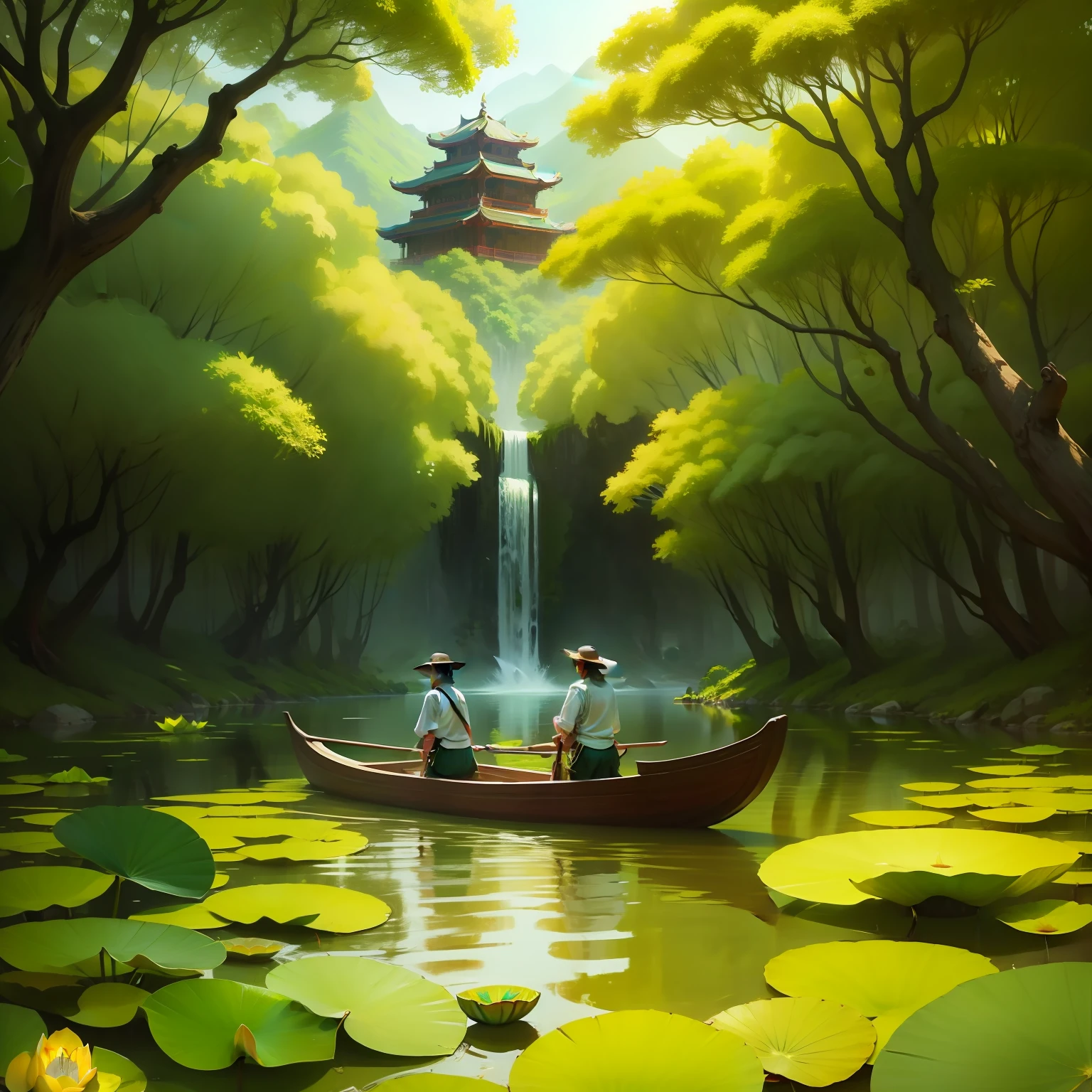 Figures rowing among lotus leaves,Adopt the style of Cheng Yanjun,Lush landscape background