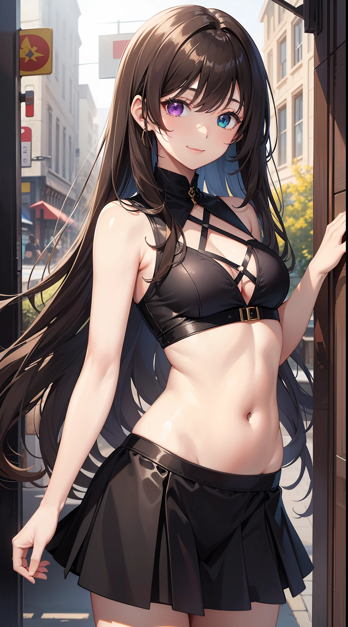young girl, Long brown hair, Heterochromia, The left eye is purple, The right eye is golden, purple sleeveless top, open belly, neckline on the chest, Black skirt, ssmile, Masterpiece, hiquality