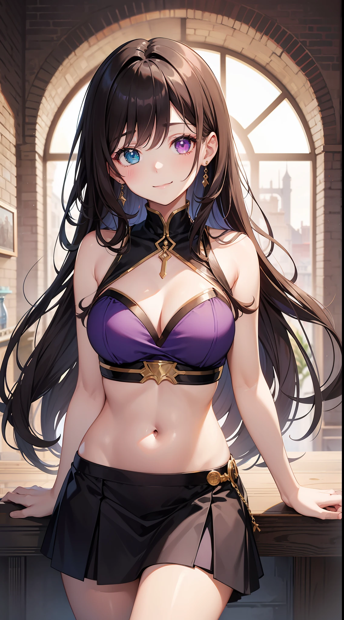 young girl, Long brown hair, Heterochromia, The left eye is purple, The right eye is golden, purple sleeveless top, open belly, neckline on the chest, Black skirt, ssmile, Masterpiece, hiquality
