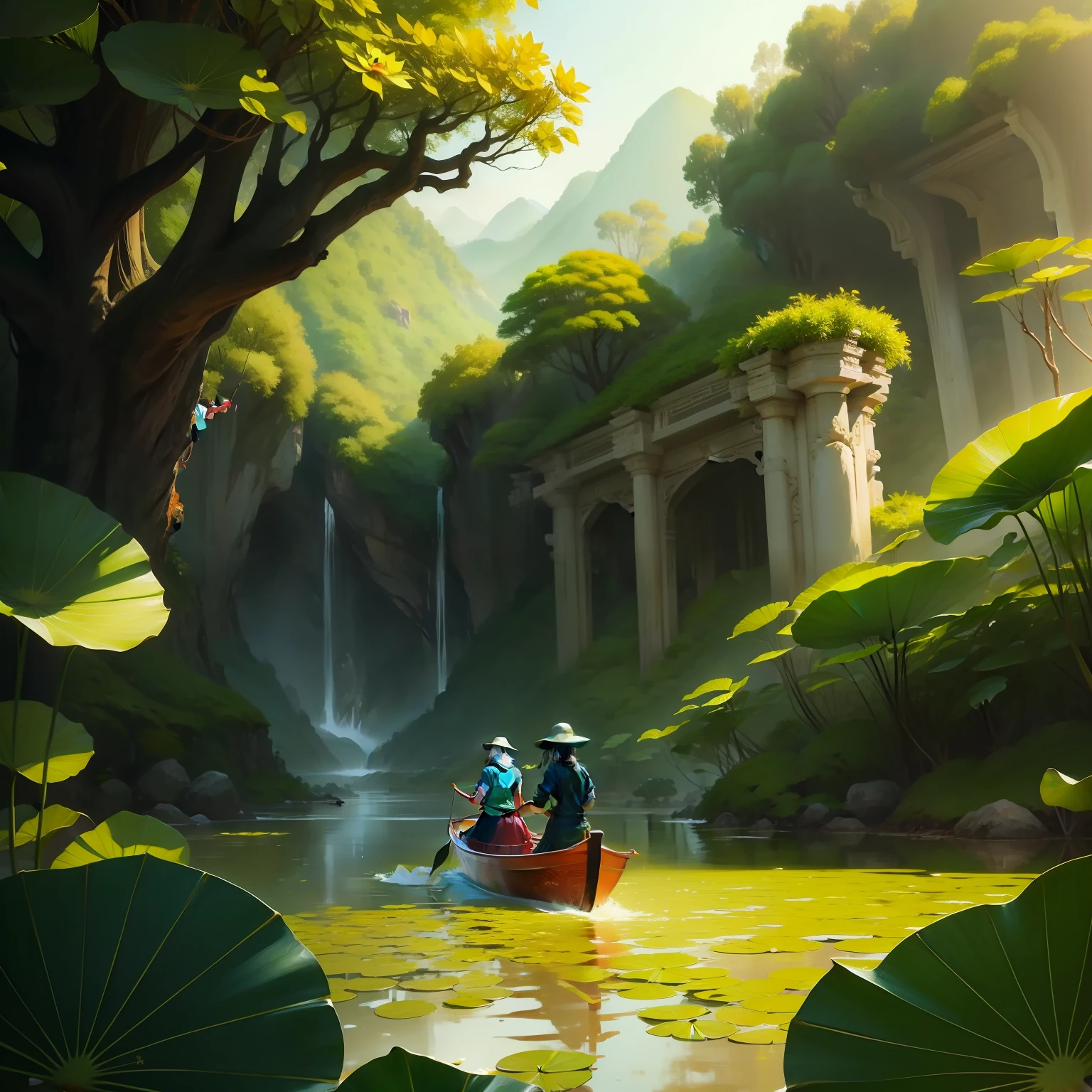 Figures rowing among lotus leaves,Adopt the style of Cheng Yanjun,Lush landscape background