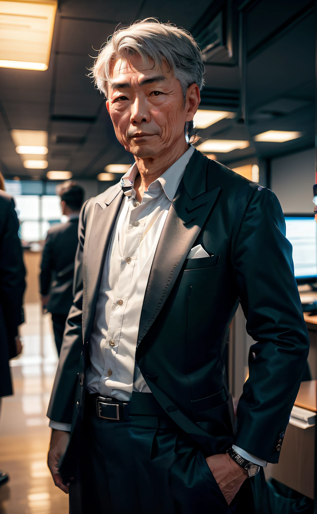 Two-block short-haired、Side mowed、Gray hair on the sides、The rest of the hair should be a strong gray with a strong black color, not too long and not too short, and adjust to a good salt plum.。