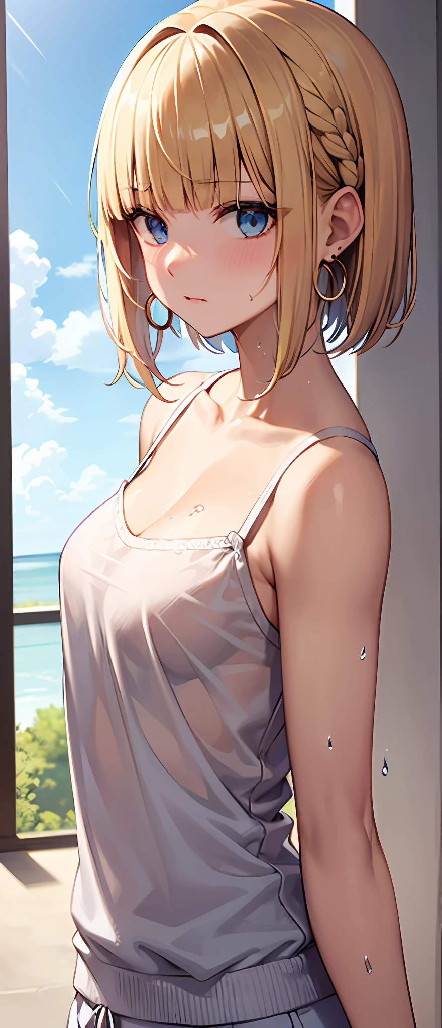 best quality,masterpiece,shiny blonde,blue eyes,white clothes, look down on, upper body,hair strand,Fair skin,short bob,wet through,french braid,blushing and red,blunt bangs,hoop earrings,gladient hair,left sideburn is longer than right one