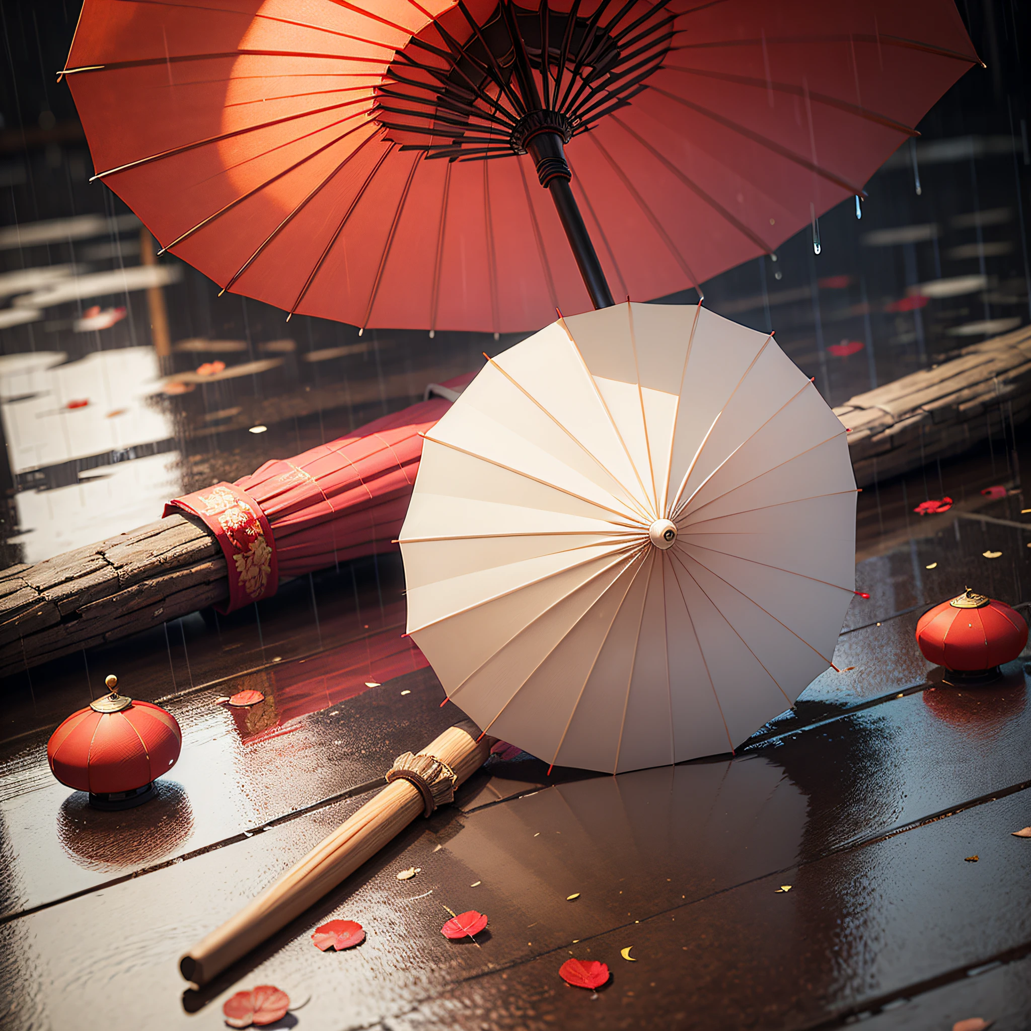 A Chinese-style paper umbrella placed on the ground in the rain