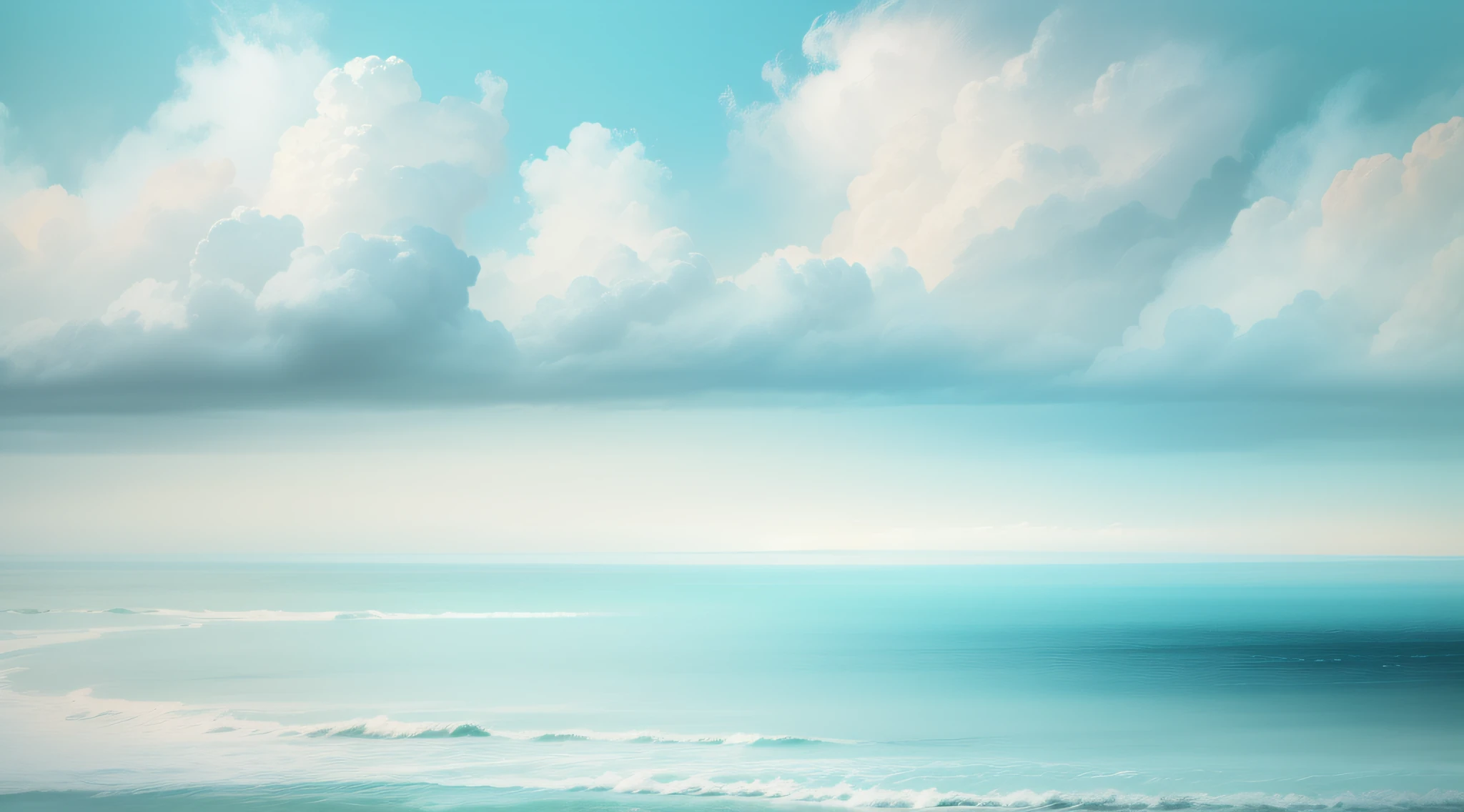 (abstract:0.8), modern art painting, sea horizon and clouds, haze, long time exposure, masterpiece, cyan, blue and white
