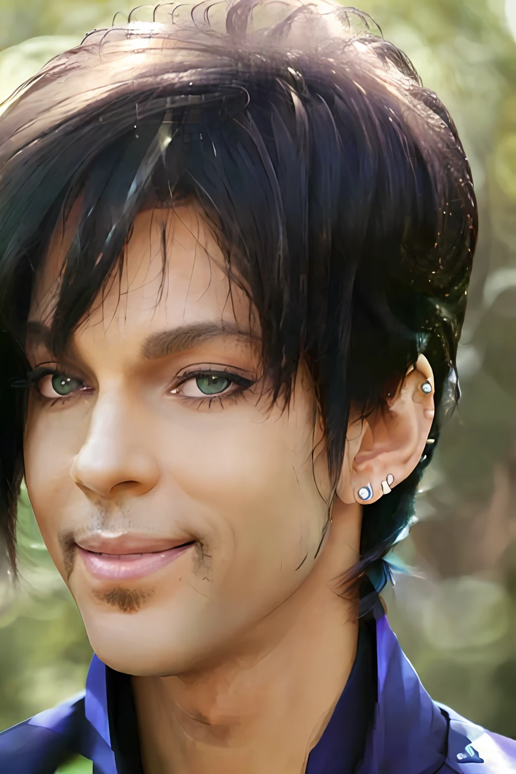 Full body portrait of 1982 singer PRINCE man, (Detailed Face), (perfect eyes:1.1 (RAW photo:1.2),(photorealistic:1.4),(masterpiece:1.3),(best quality:1.4),ultra high res, HDR,8k resolution, dreamlike, check commentary,commentary request,scenery,((no text)), solo focus, (detailed eyes),(detailed facial features), (detailed clothes features), skin tight, (shiny skin),(slender),(slim),(beautiful face), 1boy, VirtualGirl-Ren, young, bangs,black hair, blue eyes,ear studs, loose shirt, smile, bashfully,cute, look straight into the camera,