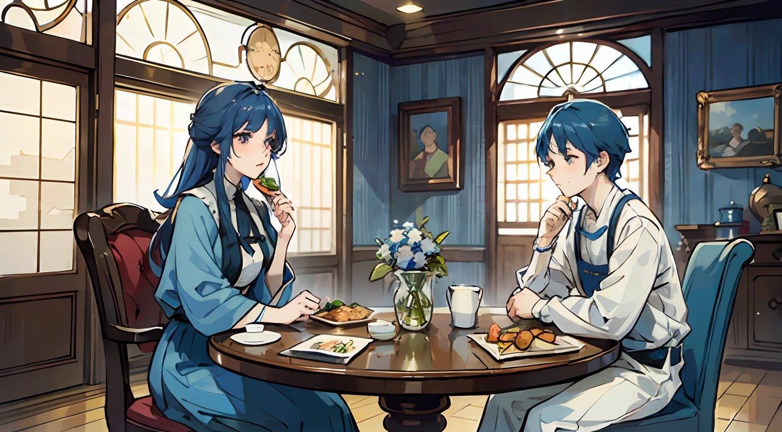 ，Three people，Husband and wife，morden style，Large round table，A table of meals，On the left are the husband and wife，On the right is the blue-haired boy，Eating