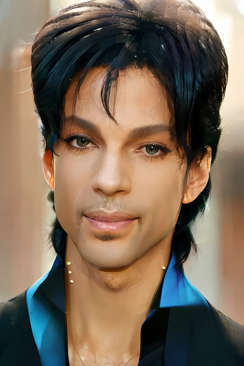 {{{Full body portrait}}} of 1982 singer PRINCE man standing, (Detailed Face), (perfect eyes:1.1 (RAW photo:1.2),(photorealistic:1.4),(masterpiece:1.3),(best quality:1.4),ultra high res, HDR,8k resolution, dreamlike, check commentary,commentary request,scenery,((no text)), solo focus, (detailed eyes),(detailed facial features), (detailed clothes features), skin tight, (shiny skin),(slender),(slim),(beautiful face), 1boy, VirtualGirl-Ren, young, bangs,black hair, blue eyes,ear studs, loose shirt, smile, bashfully,cute, look straight into the camera,