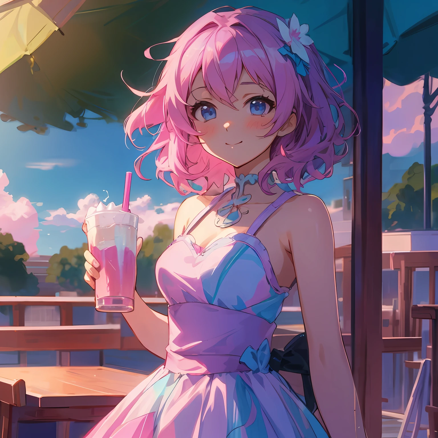Anime girl with pink hair and blue dress holding cream soda, gently smiling,anime style 4 k, anime moe art style, Cute anime girl, Detailed Digital Anime Art, artwork in the style of guweiz, Cute anime waifu in a nice dress, Beautiful anime girl, Anime style. 8K, anime style portrait, 4k anime wallpaper, pretty anime girl, Beautiful Anime Portrait