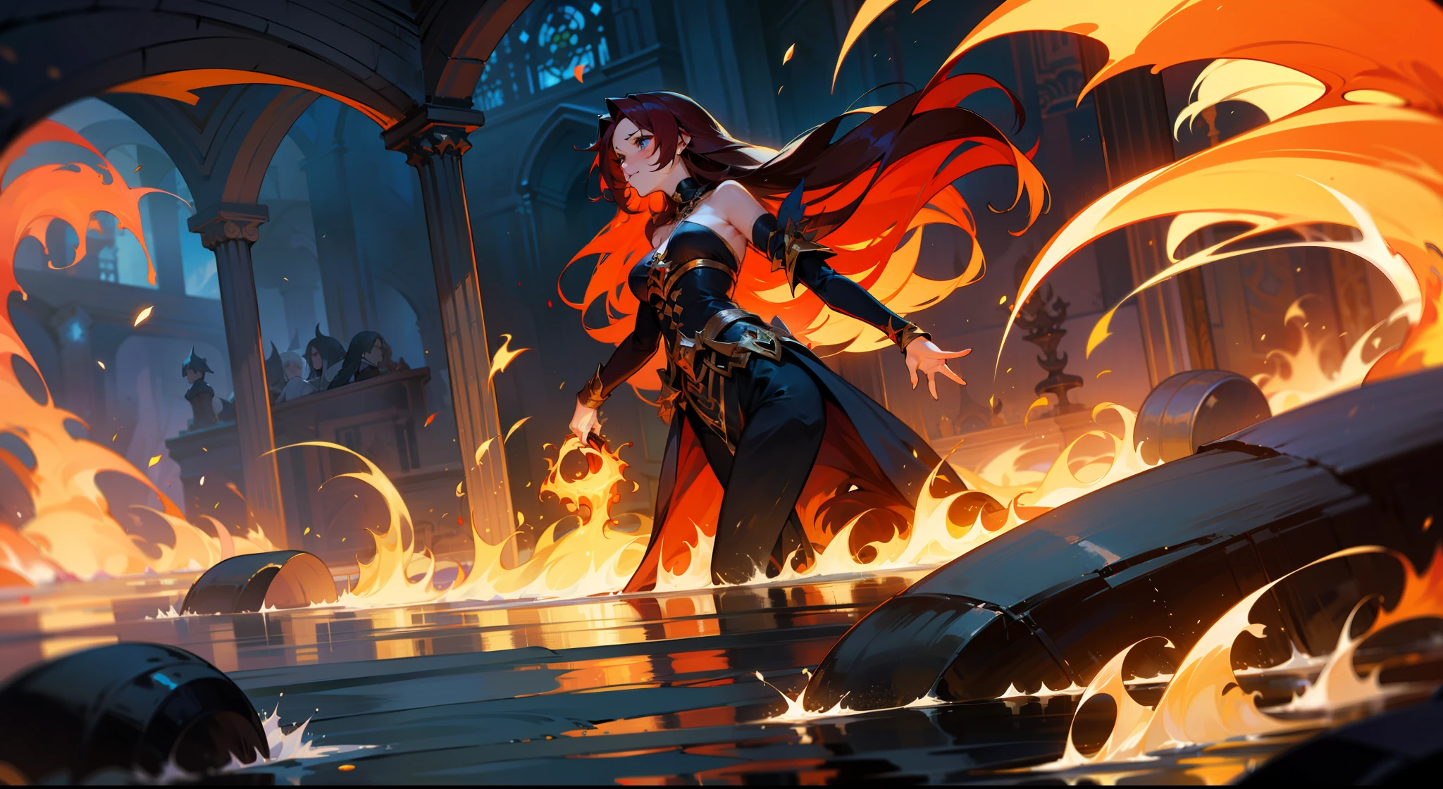 European tradition，German，sorceress woman，unholy，Mana is powerful，A sea of fire，European people，femele，Red long-haired，Leaky shoulders