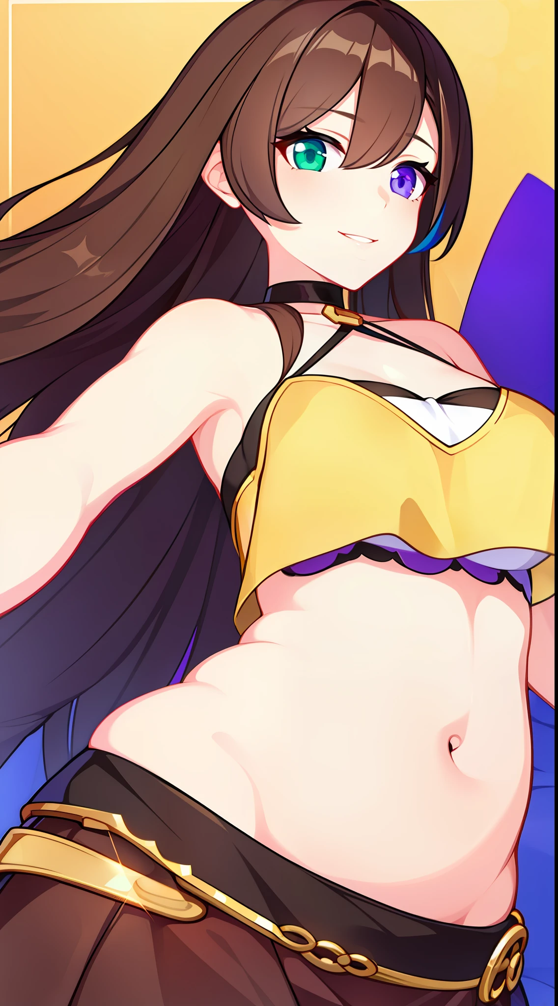 young girl, Long brown hair, Heterochromia, The left eye is purple, The right eye is golden, purple sleeveless top, open belly, neckline on the chest, black skirt, ssmile, Masterpiece, hiquality