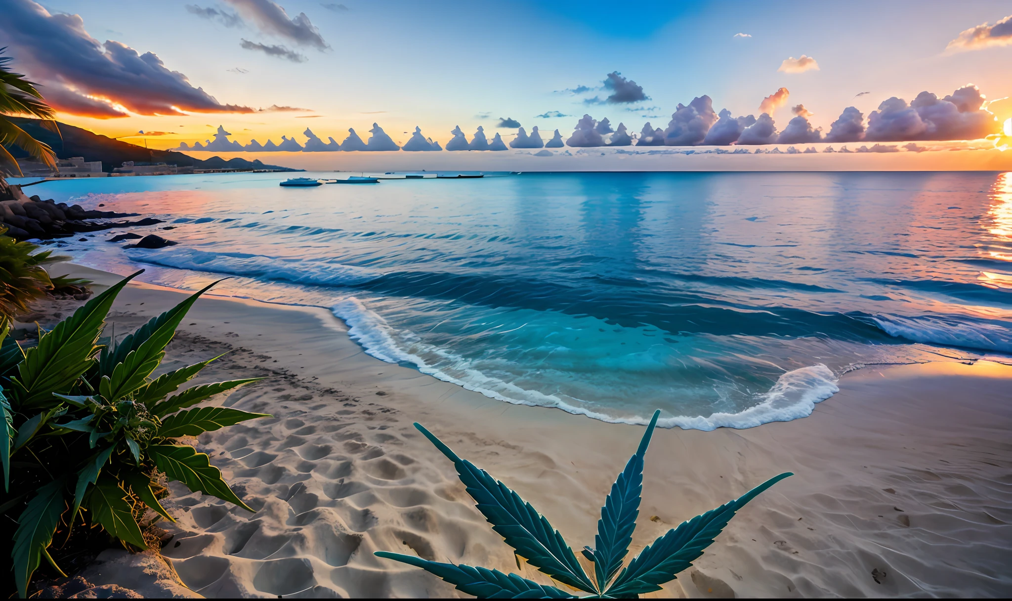 ocean; sun rising; Caribbean; Cannabis; tropical island; Palma;