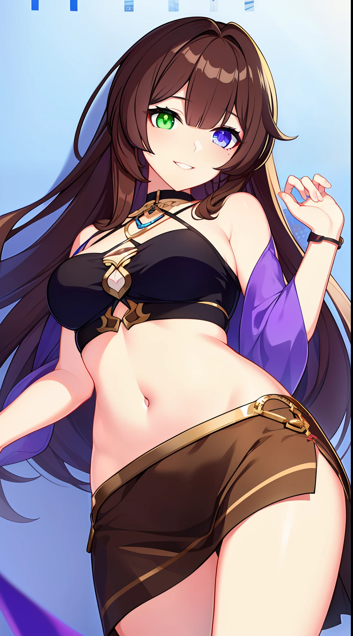 young girl, Long brown hair, Heterochromia, The left eye is purple, The right eye is golden, purple sleeveless top, open belly, neckline on the chest, black skirt, ssmile, Masterpiece, hiquality
