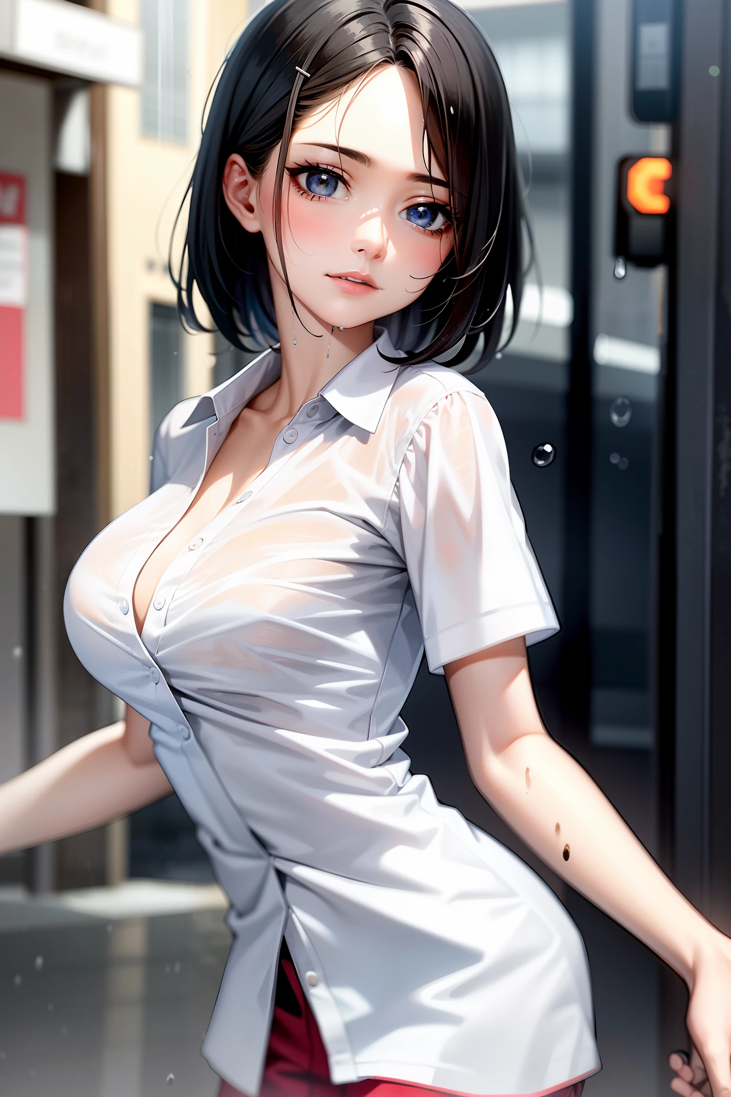 ((Best Quality, 8K, Masterpiece: 1.3)), Sharp: 1.2, Perfect Body Beauty: 1.4, Slim Abs: 1.2, ((Layered Hairstyle, Big Breasts: 1.2)), (Wet White Button Long Shirt: 1.1), (Rain, Street: 1.2), Wet: 1.5, Highly detailed face and skin texture, detailed eyes, double eyelids, side face looking at the camera