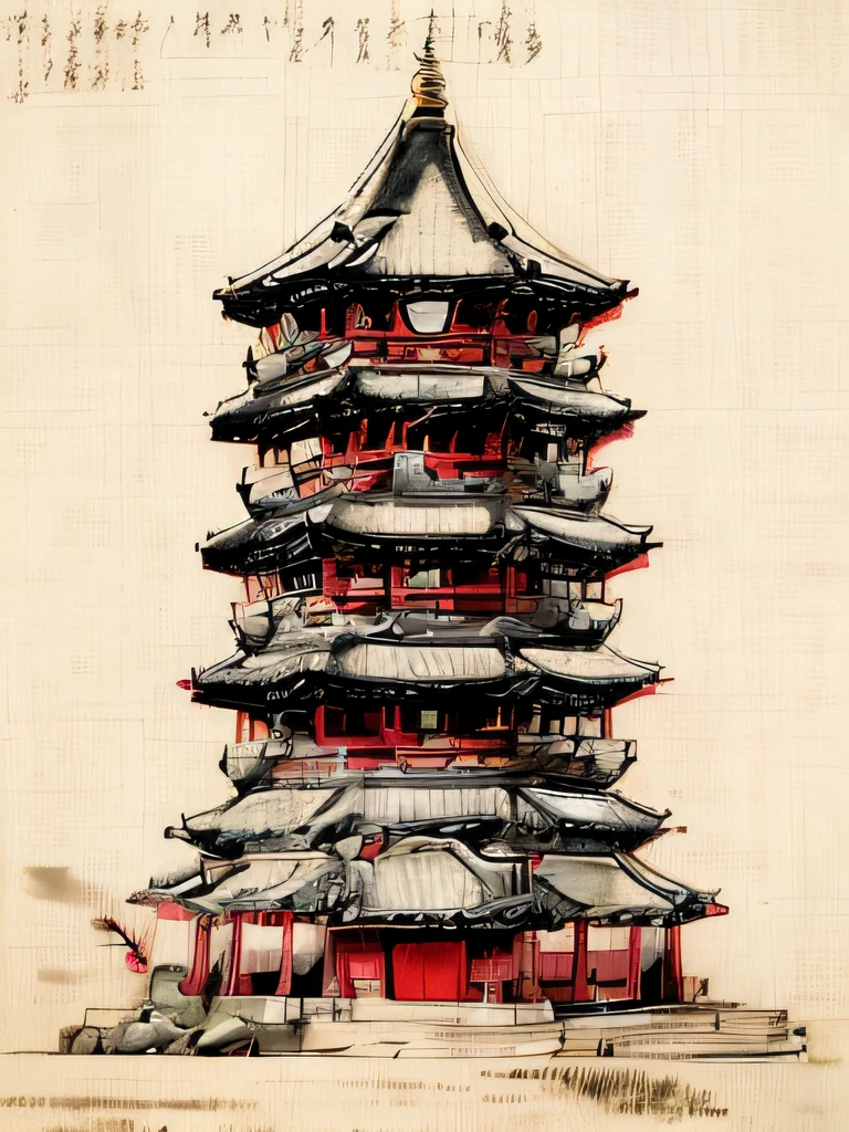 Drawings of the tower,There is a clock at the top, ancien chinese tower, digital painting of a pagoda, chinese brush pen illustration, pagoda, Chinese style buildings, inspired by Shūbun Tenshō, Chinese architecture, Ancient Chinese architecture, inspired by Kōshirō Onchi, inspired by Tawaraya Sōtatsu, Architectural illustration