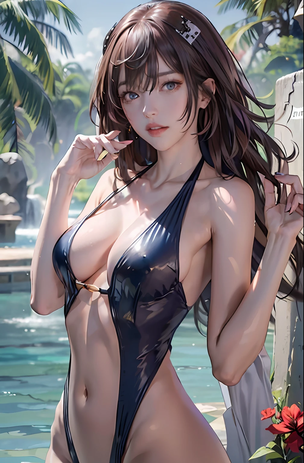 （tmasterpiece）， best qualityer， 1girll， middle finger， 独奏， eBlue eyes， brown  hair， long whitr hair， nedium breasts， cparted lips， ，  jewely， looking at viewert， nipple piercing， nail polish，  Japanese swimsuit bikini