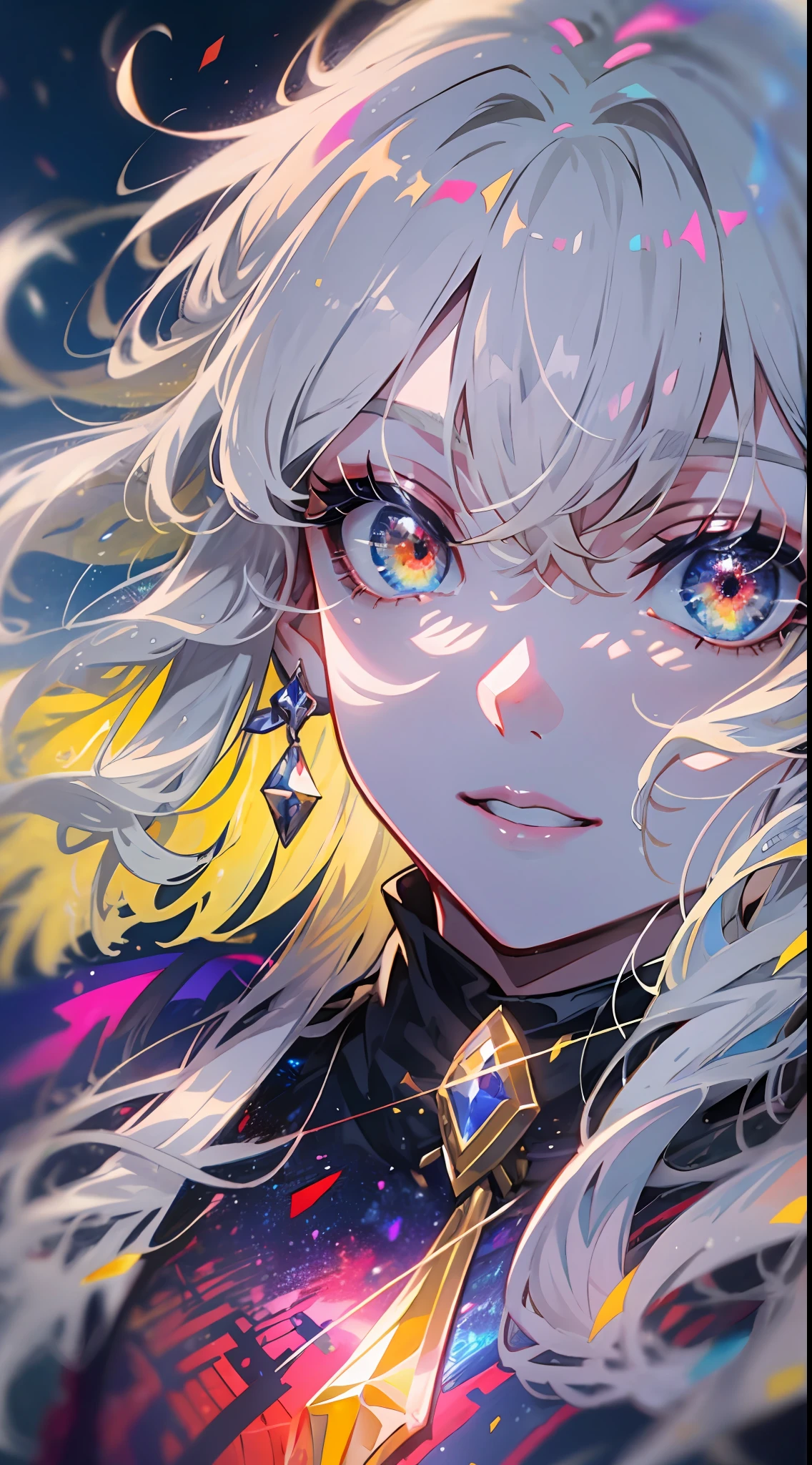 (simple hands:0.5)+(detailed hands:0.7), (masterwork), (best quality), white hair, red eyes,1girl, pale skin, white hair, red eyes, two tone hair, eyelashes, bracelet, jewelry, smile, gleaming skin, shiny hair, detailed and majestic stage, Fantasy, Long Hair, 1 girl, two-tone hair, night sky, Incredibly detailed CG illustration masterpiece, looking at you, anime, beautiful anime eyes, beautiful detailed eyes, eyes, glittering eyes, red eyes, galaxy, nebula, (full body), (curvy),
