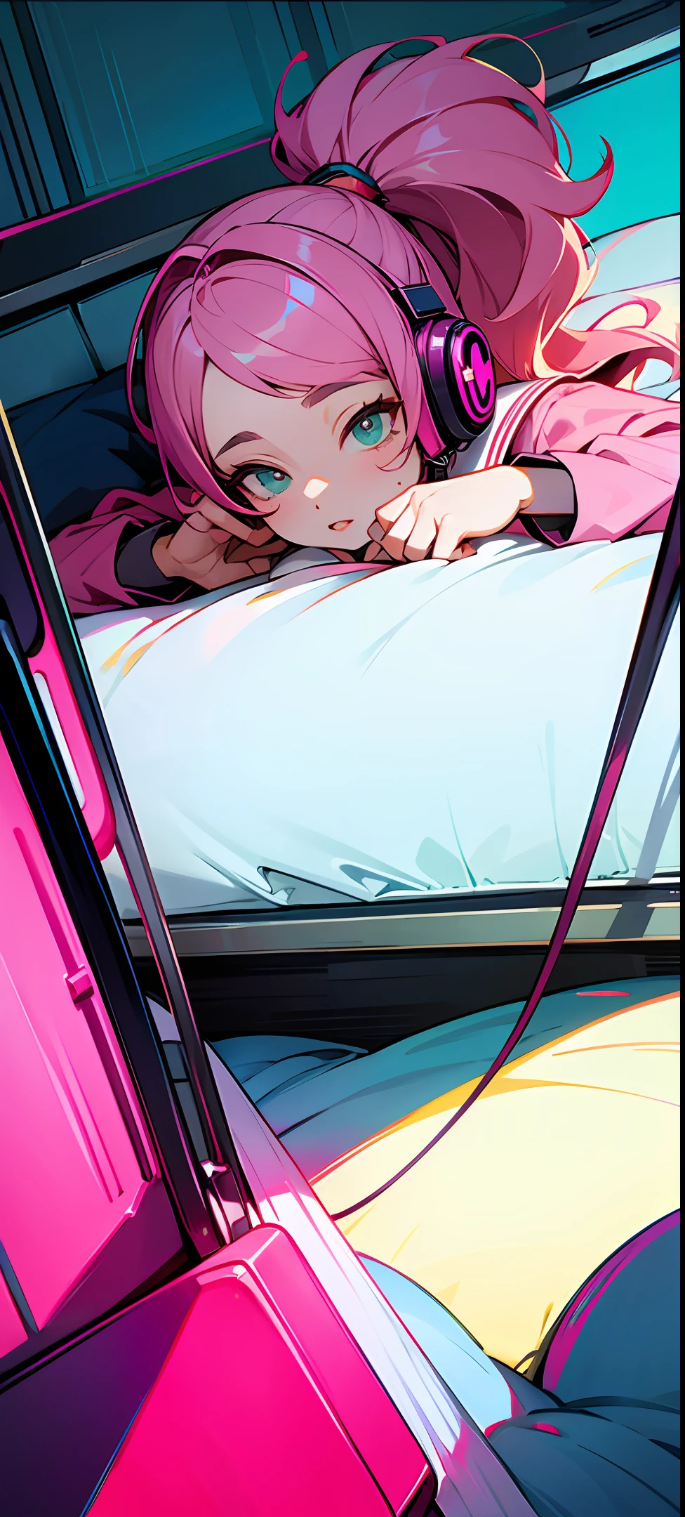 tmasterpiece,Need,cyberpunk bedroom,JK school uniform,pink headphone,Lazy,High ponytail,whaite hair,