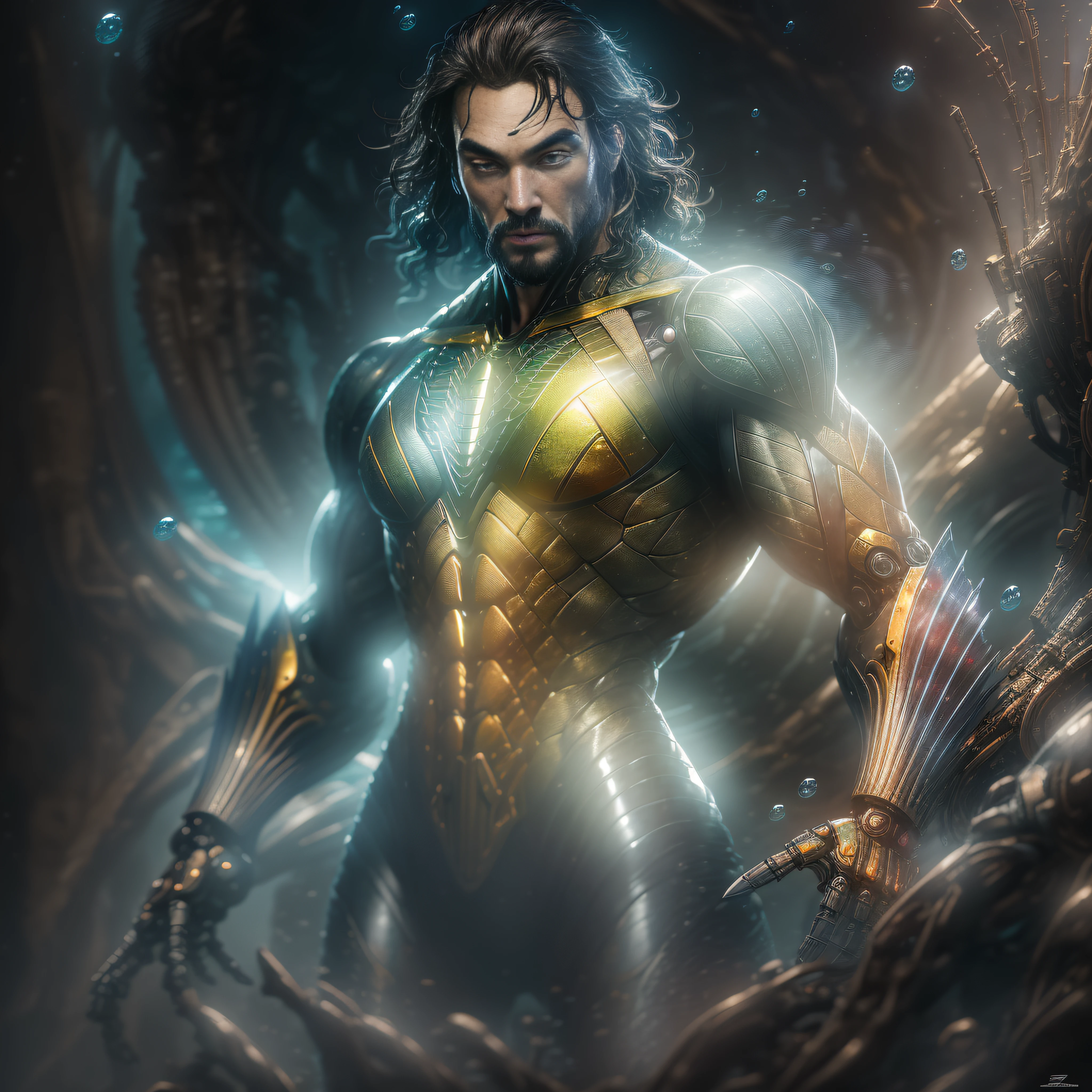 "Hyperrealistic rendering of Aquaman underwater, showcasing his biomechanical suit with intricate robotic details. The composition should emphasize his full figure, with clean and precise lines. The overall visual style should incorporate a cyberpunk aesthetic, reminiscent of a masterpiece featured on Zbrush Central."