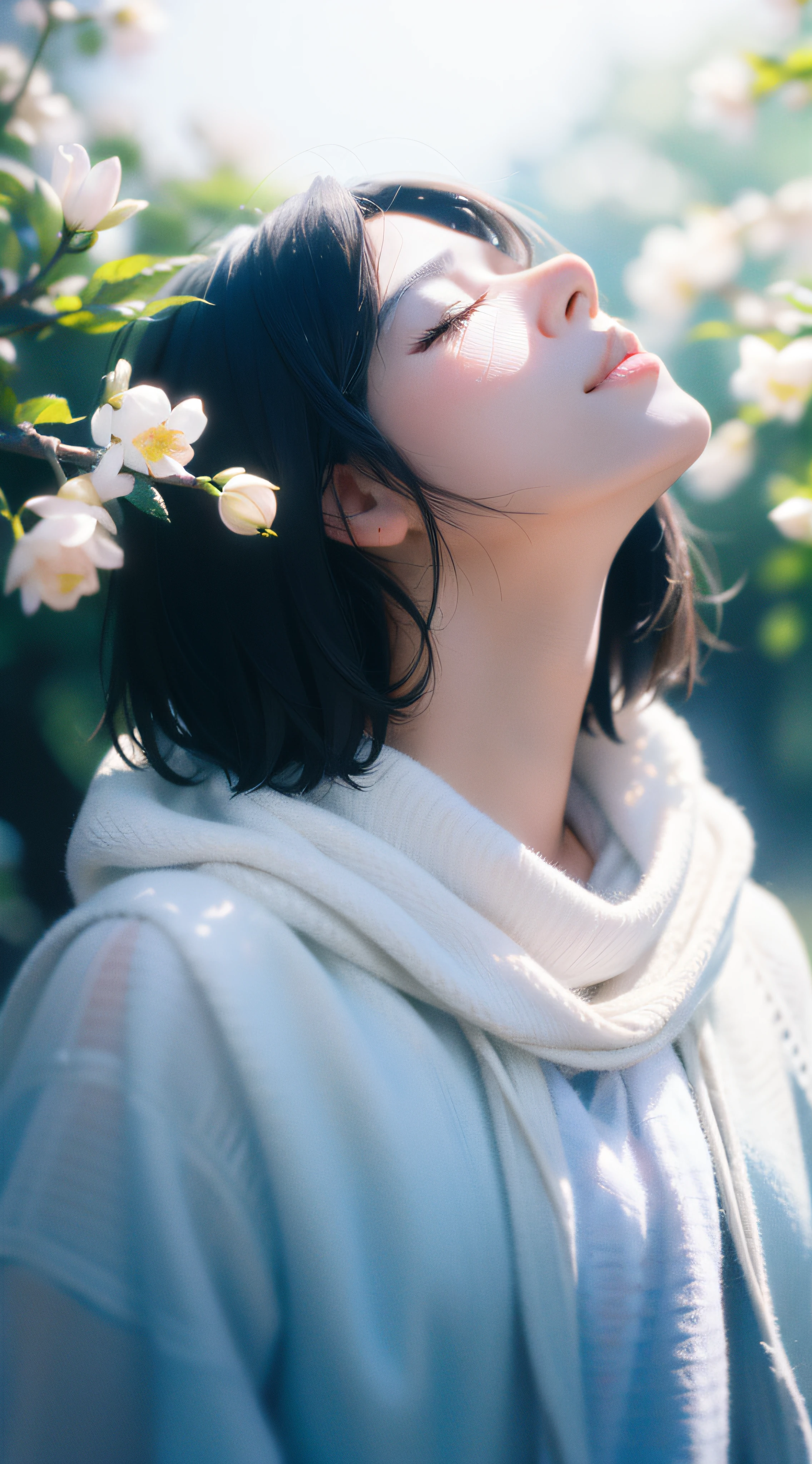 tmasterpiece，HighestQuali，A high resolution，Photorealistic and realistic，figure portrait，Realiy，1 girl，Short shawl hair，closing her eyes，White skin of the，Side face looking up，cinematic perspective，Look up at the perspective，Cool background，depth of fields，blossoms，
