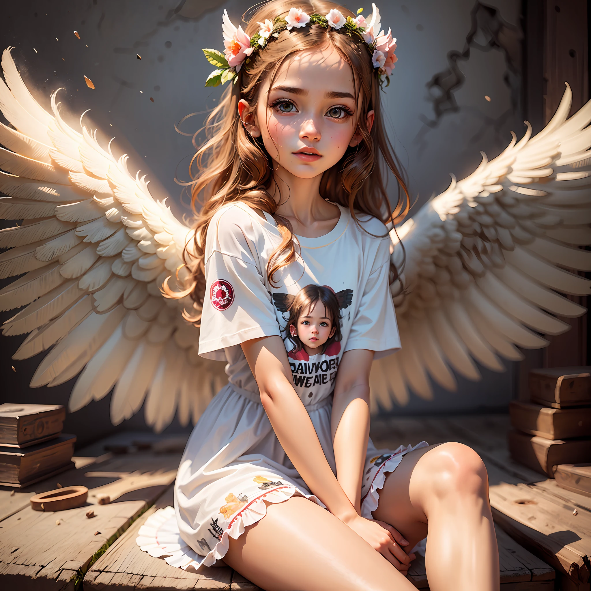 Photo of a girl with angel wings and a children's t-shirt, sitting on a cloud in a short dress up to her panties, Beautiful Angel, Beautiful Angel, Beautiful angel girl, Portrait of a Beautiful Angel, Angel Girl, adorable digital painting, Beautiful portrait of an angel girl, Angel, Angelic Themes, cherub, Full of images of angels, angelic face, angelical, angelic face, Beautiful angel woman, angels --auto --s2
