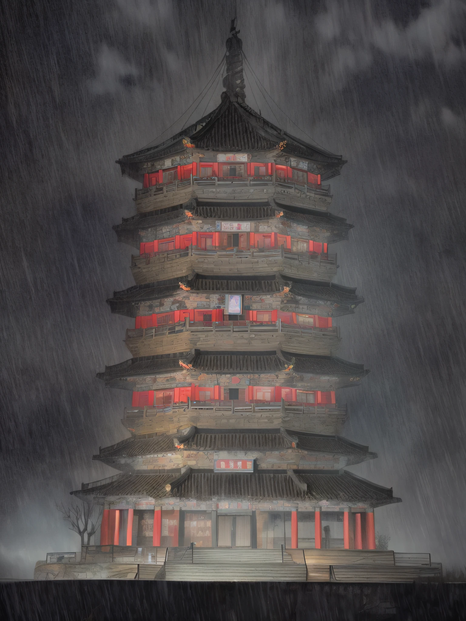 arafed view of a village with a lot of lights on the buildings, dreamy chinese town, chinese village, amazing wallpaper, japanese town, japanese village, hyper realistic photo of a town, old asian village, japanese city, by Raymond Han, rainy evening, cyberpunk chinese ancient castle, beautifully lit buildings, at evening during rain, beautiful and aesthetic, photography, cinematic, 8k, high detailed ((Heavy rain)))