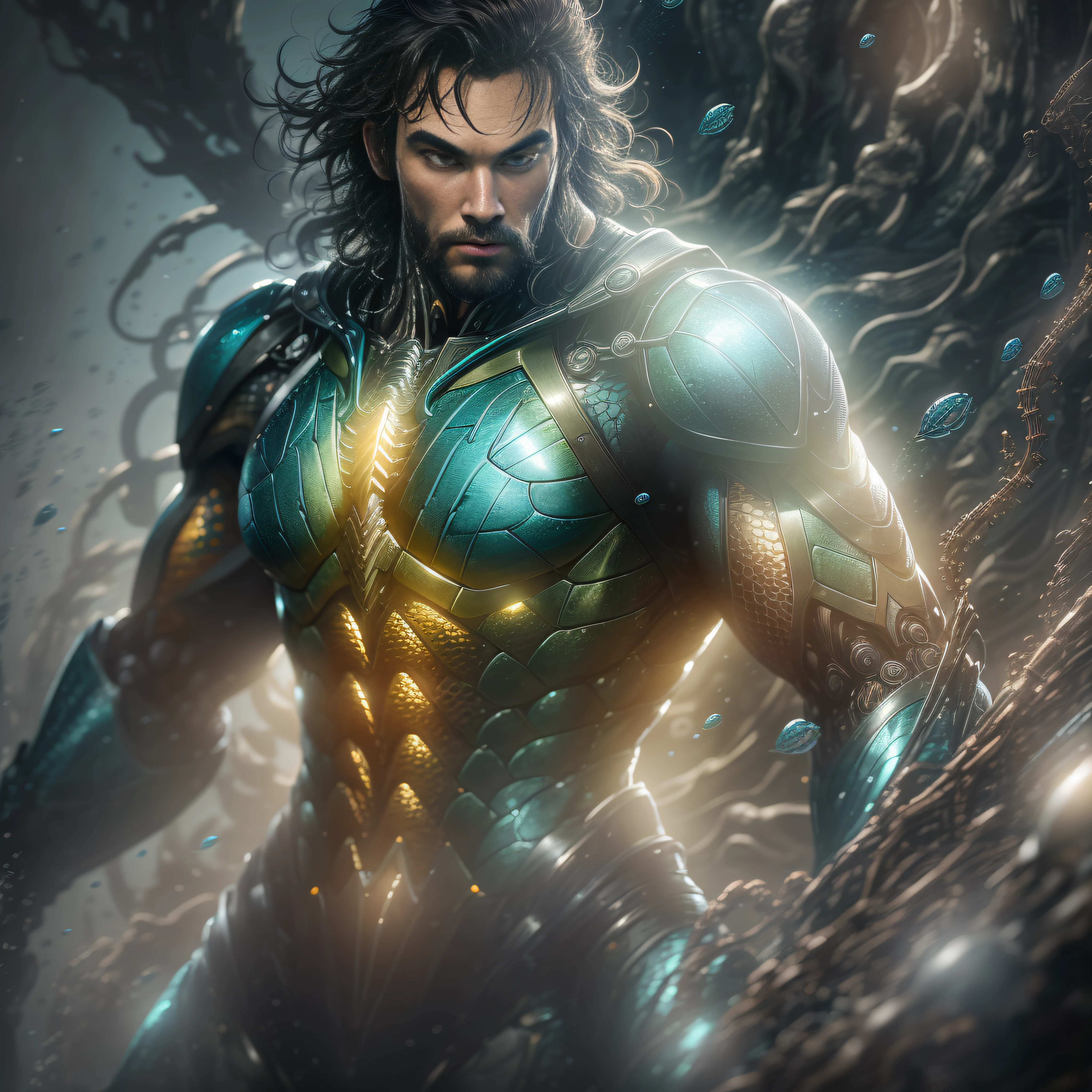 "Hyperrealistic rendering of Aquaman underwater, showcasing his biomechanical suit with intricate robotic details. The composition should emphasize his full figure, with clean and precise lines. The overall visual style should incorporate a cyberpunk aesthetic, reminiscent of a masterpiece featured on Zbrush Central."