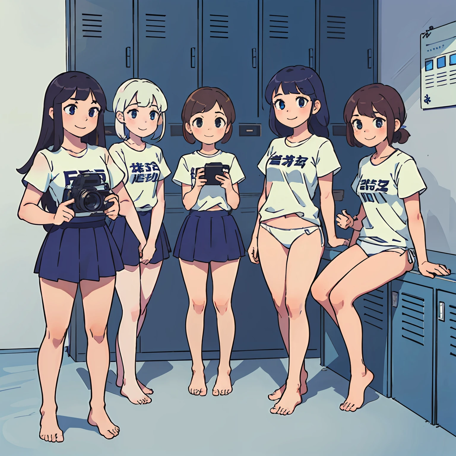 (masterpiece:1.2, best quality), (highly detailed:1.3), school locker room, multiple girls, 5girls, five girls, yo, lo, long legs, (white panties), white t-shirts, posing for camera, smile, bare feet, (changing clothes), chatting, talking, bright, warm